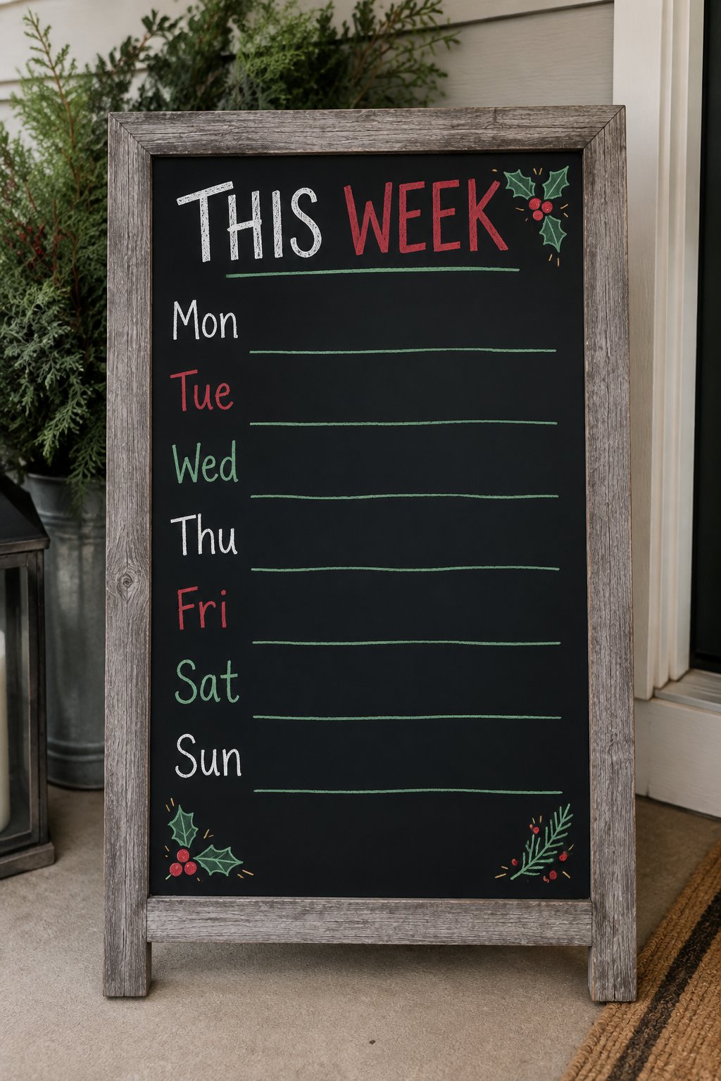 Weekly Holiday Schedule: a hand-drawn christmas chalkboard sign reading "THIS WEEK".