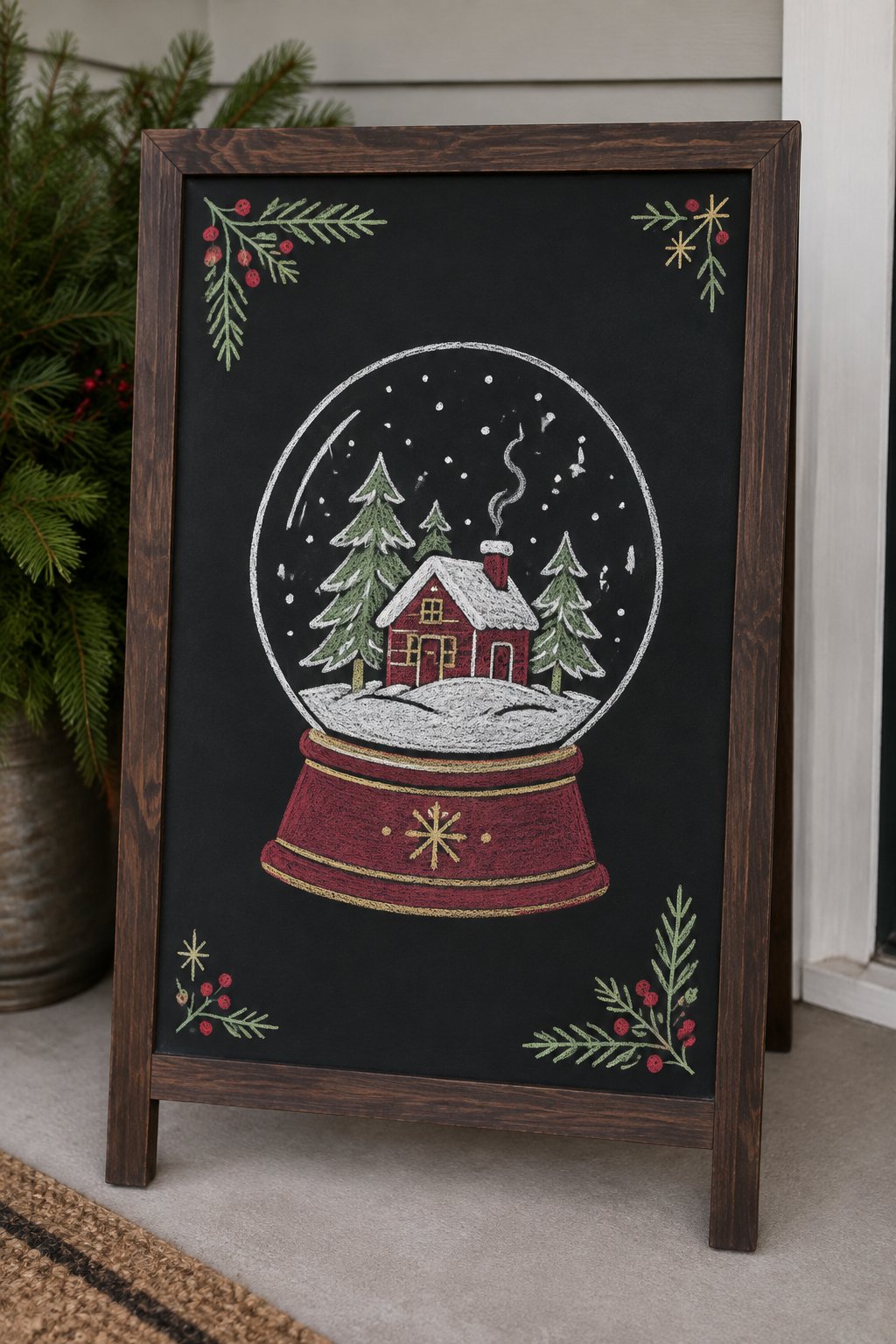 Snow Globe Magic: a hand-drawn christmas chalkboard sign drawn without words, a snow globe with a little cabin and pine trees inside, drawn with clean chalk outlines and soft color fill.