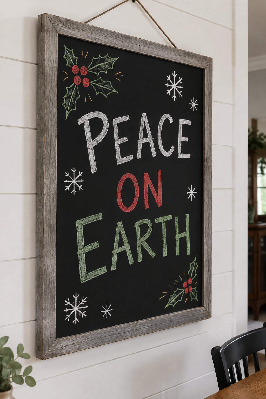 Peaceful Greeting: a hand-drawn christmas chalkboard sign drawn without words, a small sprig of holly with berries and a few snowflakes.