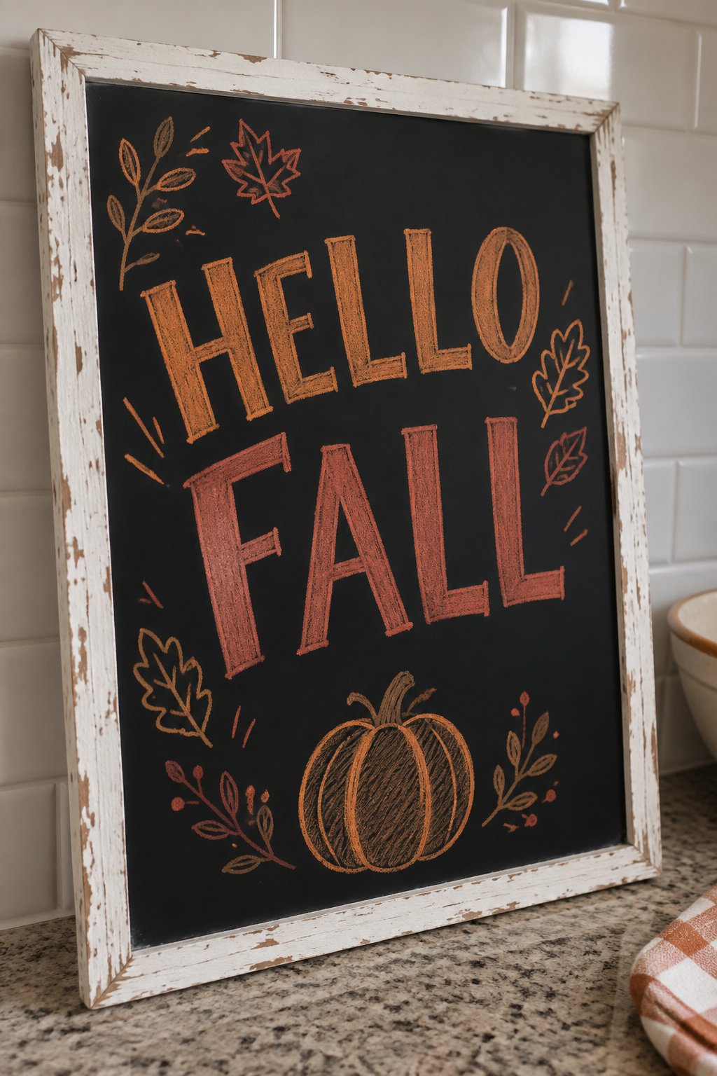 Pumpkins and Southern Charm: This fall chalkboard art idea pairs bold, rustic lettering with hand-drawn leaf accents and a shaded pumpkin at the base for extra warmth.