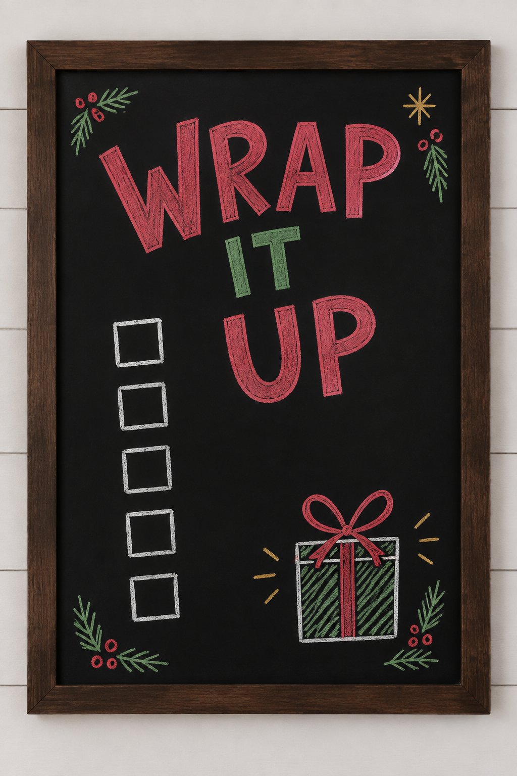 Gift Wrapping Plan: a hand-drawn christmas chalkboard sign reading "WRAP IT UP".