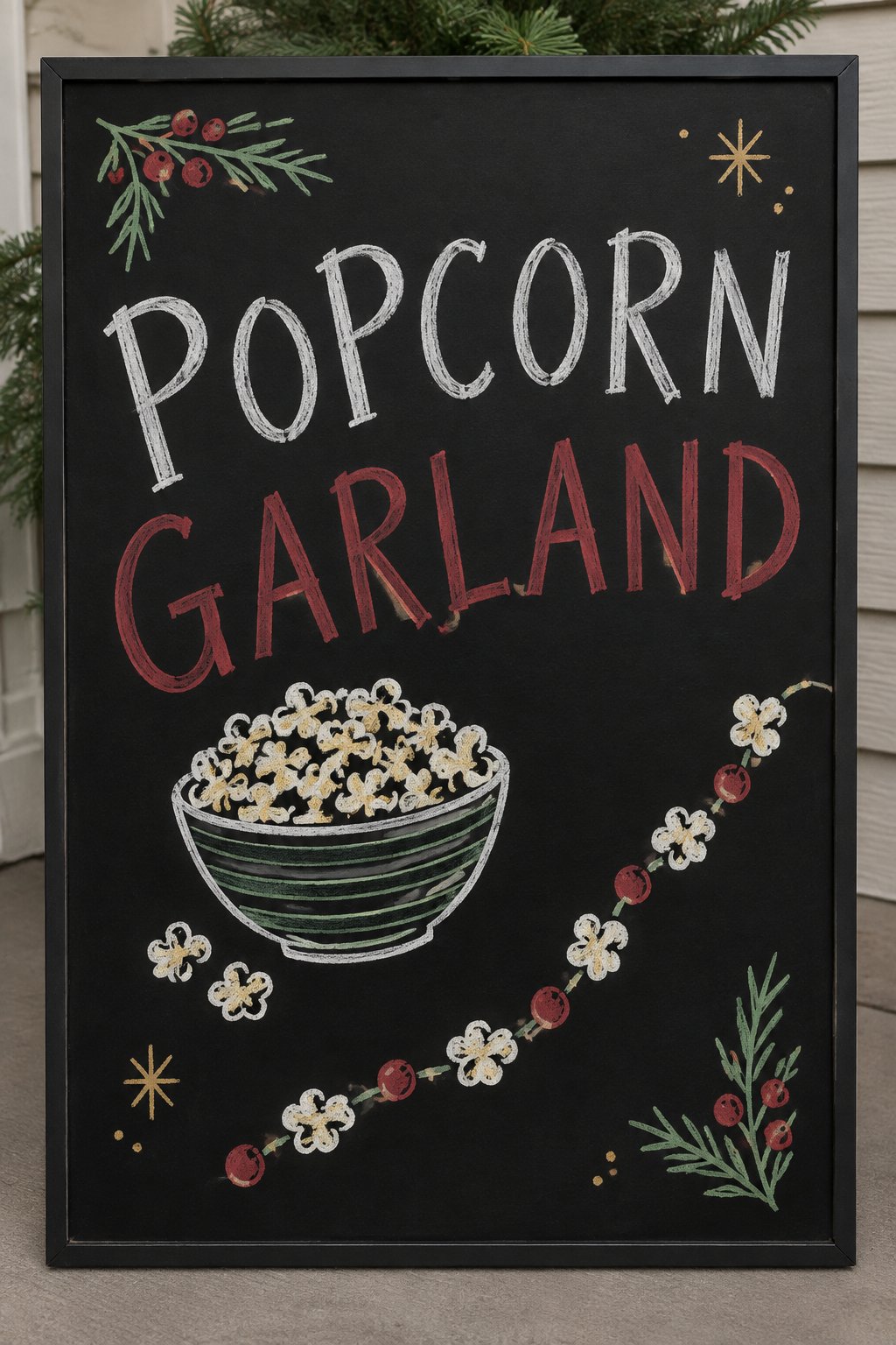 Popcorn Garland: a hand-drawn christmas chalkboard sign reading "POPCORN GARLAND".