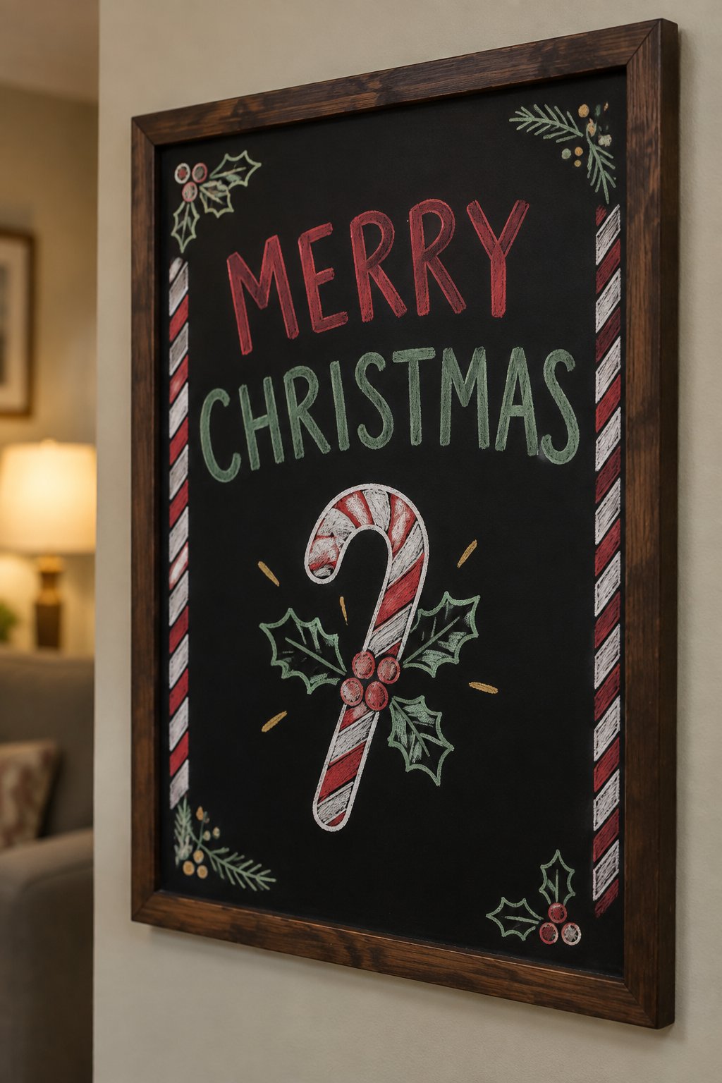Candy Cane Greeting: a hand-drawn christmas chalkboard sign drawn without words, a candy cane with holly between striped borders, drawn with clean chalk outlines and soft color fill.