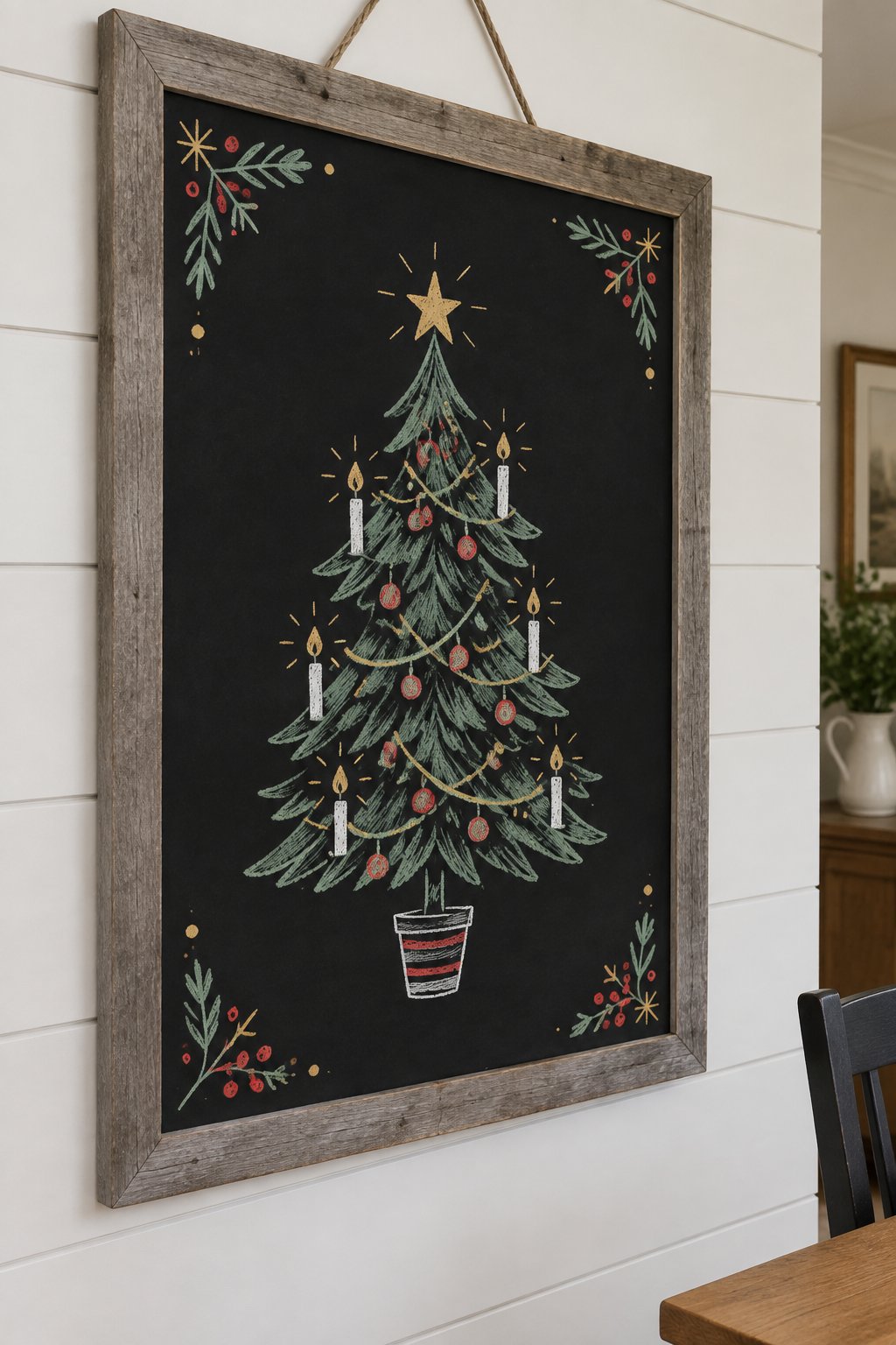 Candlelit Tree: a hand-drawn christmas chalkboard sign drawn without words, a Christmas tree with little glowing candles and gold accents, drawn with clean chalk outlines and soft color fill.