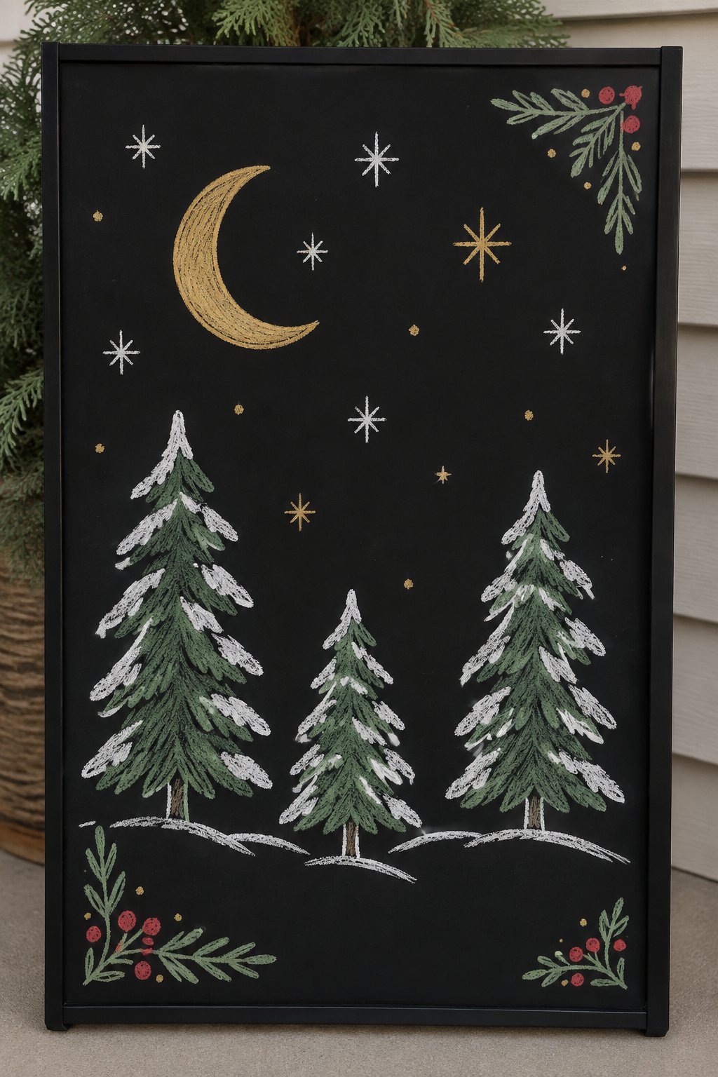 Starry Night: a hand-drawn christmas chalkboard sign drawn without words, a crescent moon and stars above snowy pine trees, drawn with clean chalk outlines and soft color fill.