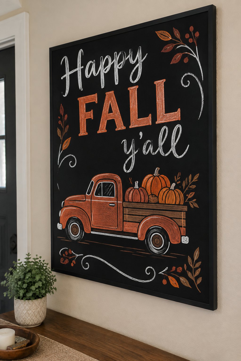 Pumpkins in Tow: This fall chalkboard art idea features a hand-drawn vintage truck in burnt orange, its bed overflowing with shaded pumpkins, framed by elegant chalk flourishes.