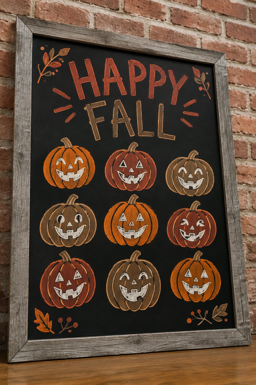Grinning Gourd Gallery: A grid of hand-drawn pumpkins steals the show in this playful fall chalkboard art idea, with each jack-o’-lantern sporting its own happy grin.