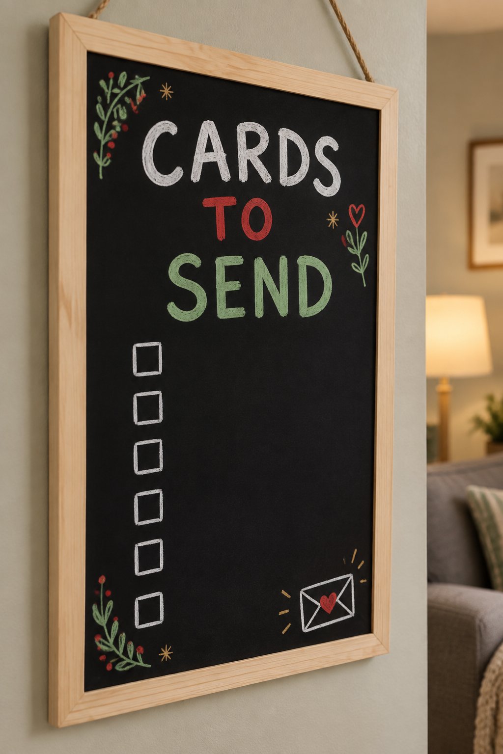 Cards to Send: a hand-drawn christmas chalkboard sign reading "CARDS TO SEND".
