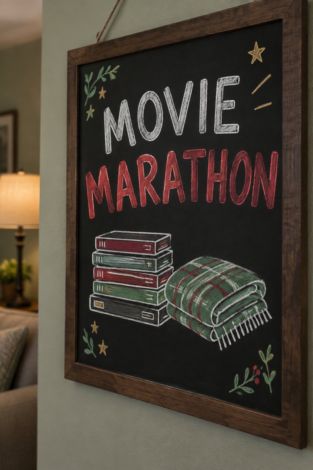 Holiday Movie Marathon: a hand-drawn christmas chalkboard sign reading "MOVIE MARATHON".