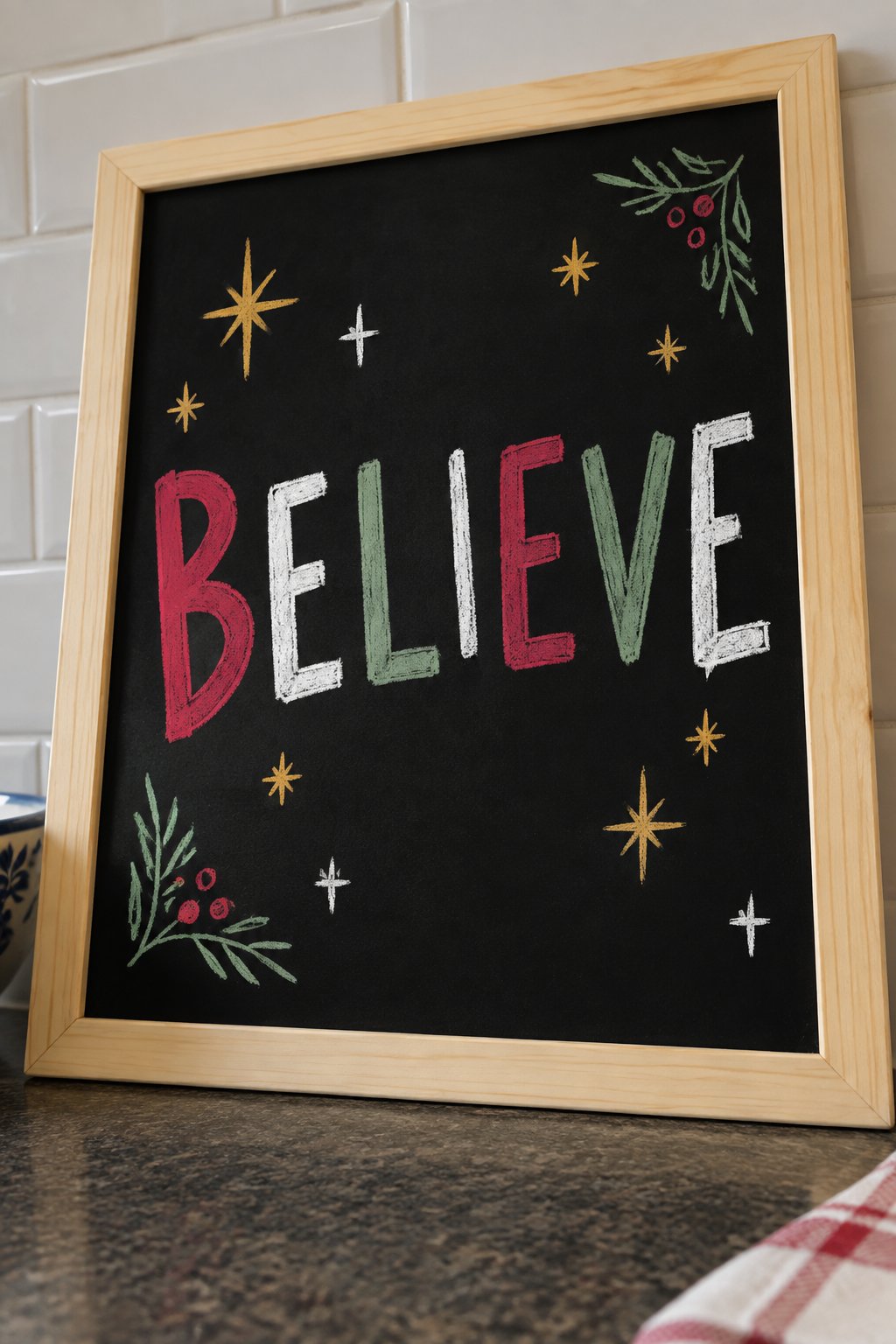 Starry Believe: a hand-drawn christmas chalkboard sign drawn without words, twinkling stars around the word.
