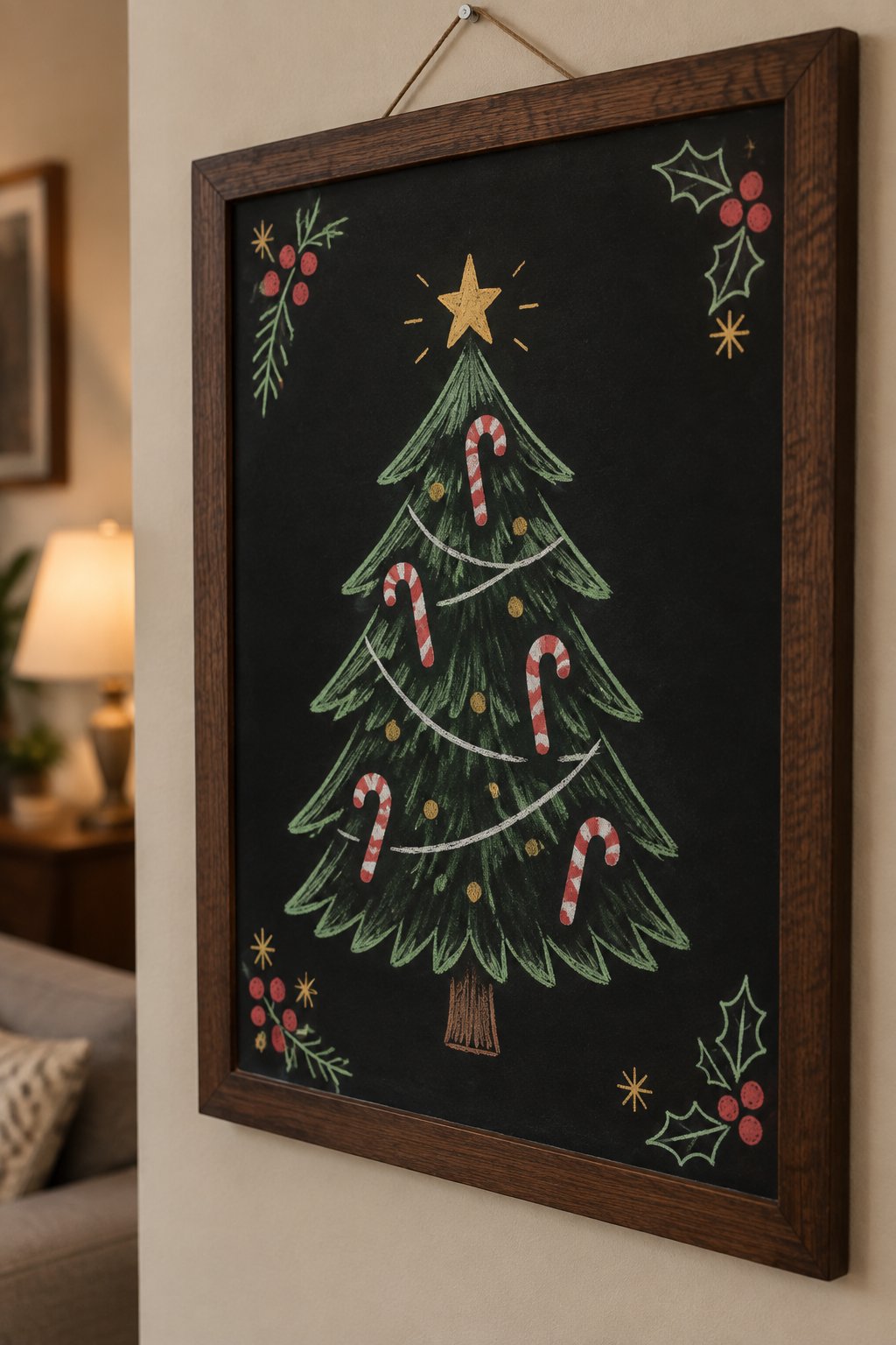 Candy Cane Tree: a hand-drawn christmas chalkboard sign drawn without words, a Christmas tree decorated with red and white candy canes, drawn with clean chalk outlines and soft color fill.