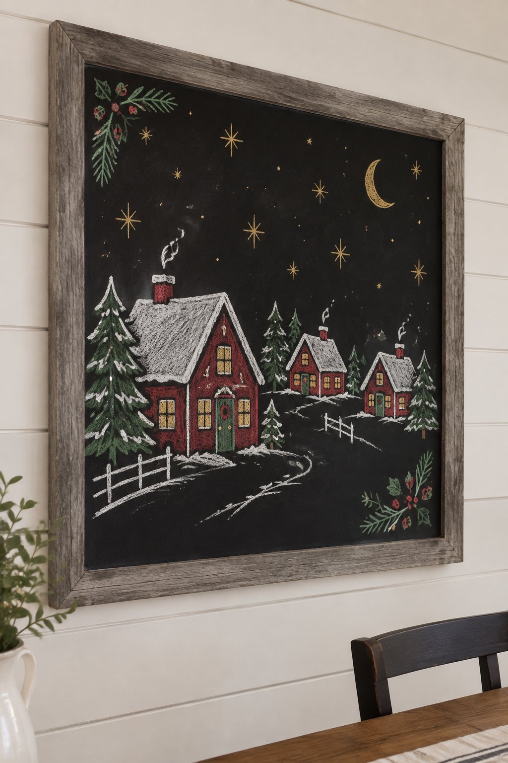Winter Village: a hand-drawn christmas chalkboard sign drawn without words, snowy cottages with glowing windows under stars, drawn with clean chalk outlines and soft color fill.