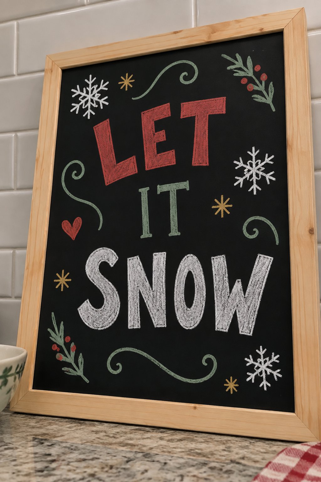 Snowy Words: a hand-drawn christmas chalkboard sign drawn without words, snowflakes and swirls around the words, drawn with clean chalk outlines and soft color fill.