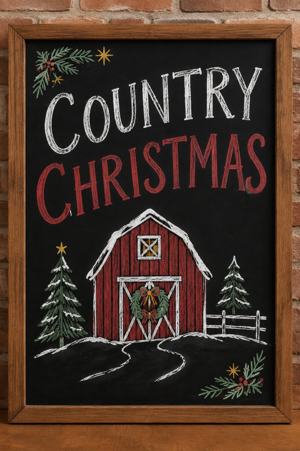 Country Christmas Barn: a hand-drawn christmas chalkboard sign reading "COUNTRY CHRISTMAS".