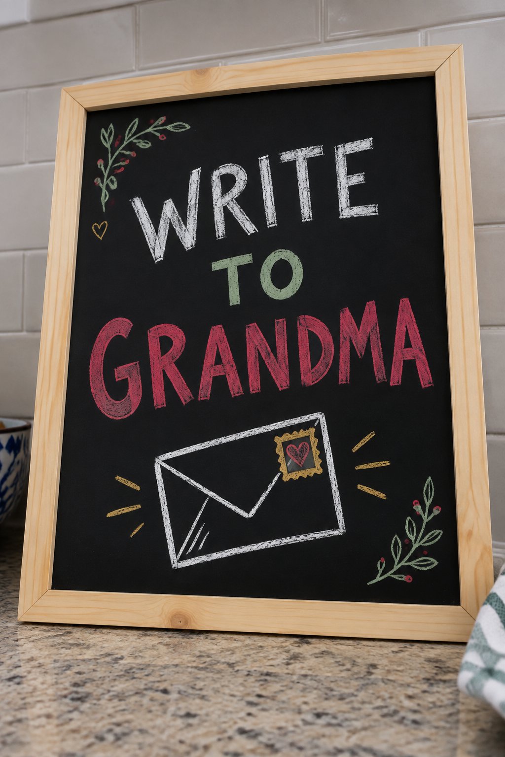 Write to Grandma: a hand-drawn christmas chalkboard sign reading "WRITE TO GRANDMA".