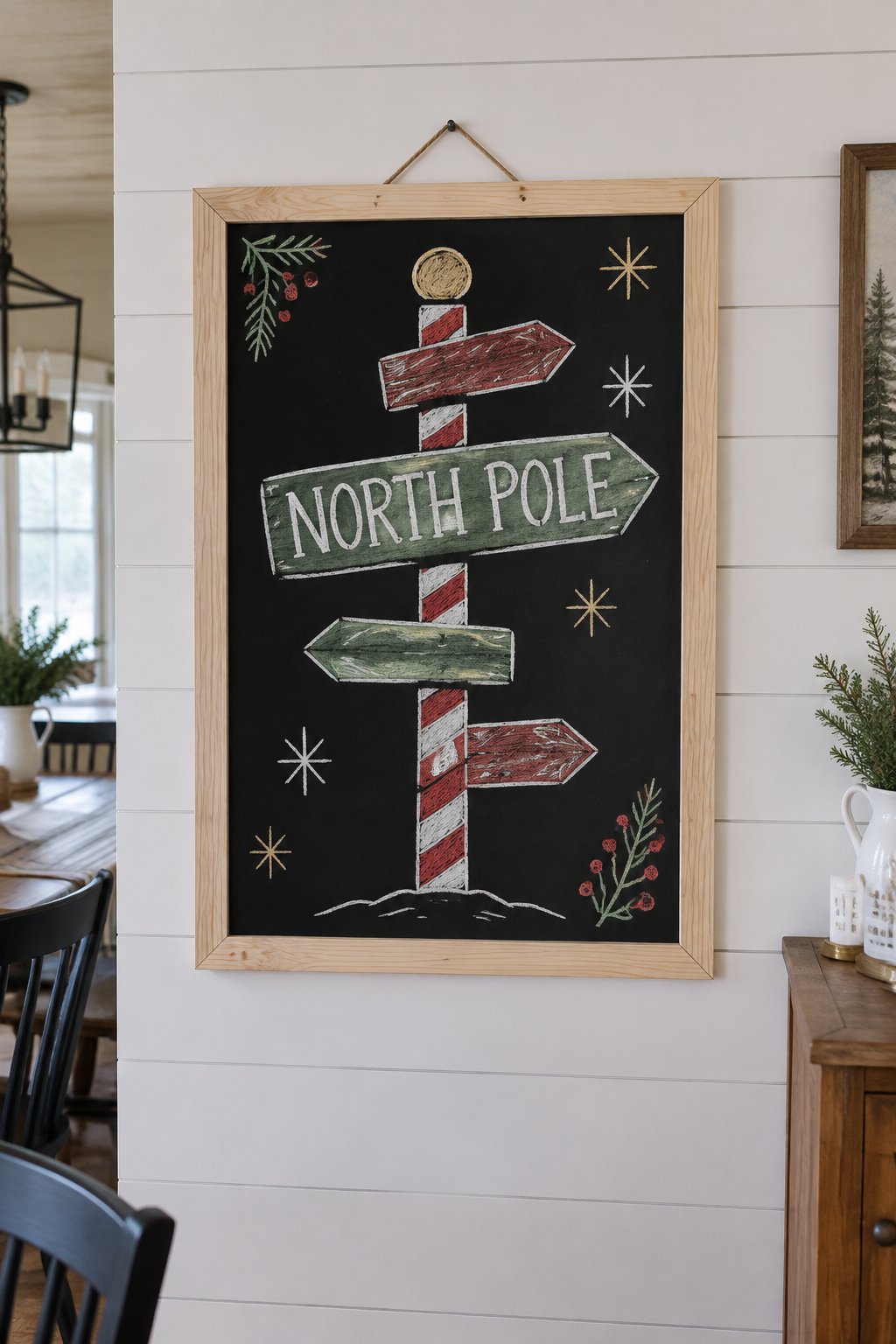 North Pole Sign: a hand-drawn christmas chalkboard sign drawn without words, a striped pole with arrow signs pointing different ways, drawn with clean chalk outlines and soft color fill.