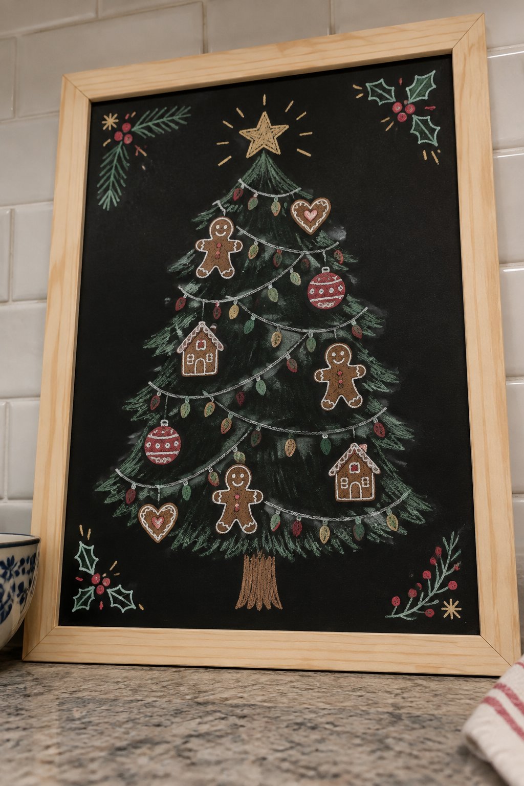 Gingerbread Tree: a hand-drawn christmas chalkboard sign drawn without words, a Christmas tree decorated with gingerbread cookies and colorful lights, drawn with clean chalk outlines and soft color fi