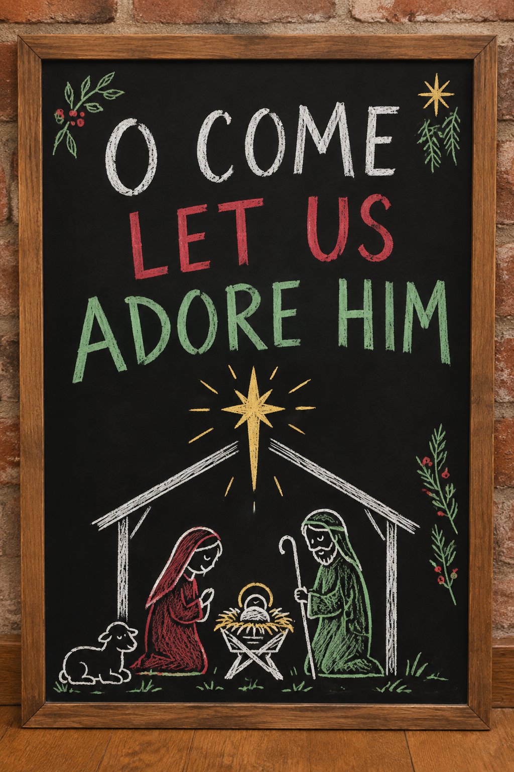Nativity Scene: a hand-drawn christmas chalkboard sign drawn without words, a nativity scene with a manger and a bright star above, drawn with clean chalk outlines and soft color fill.