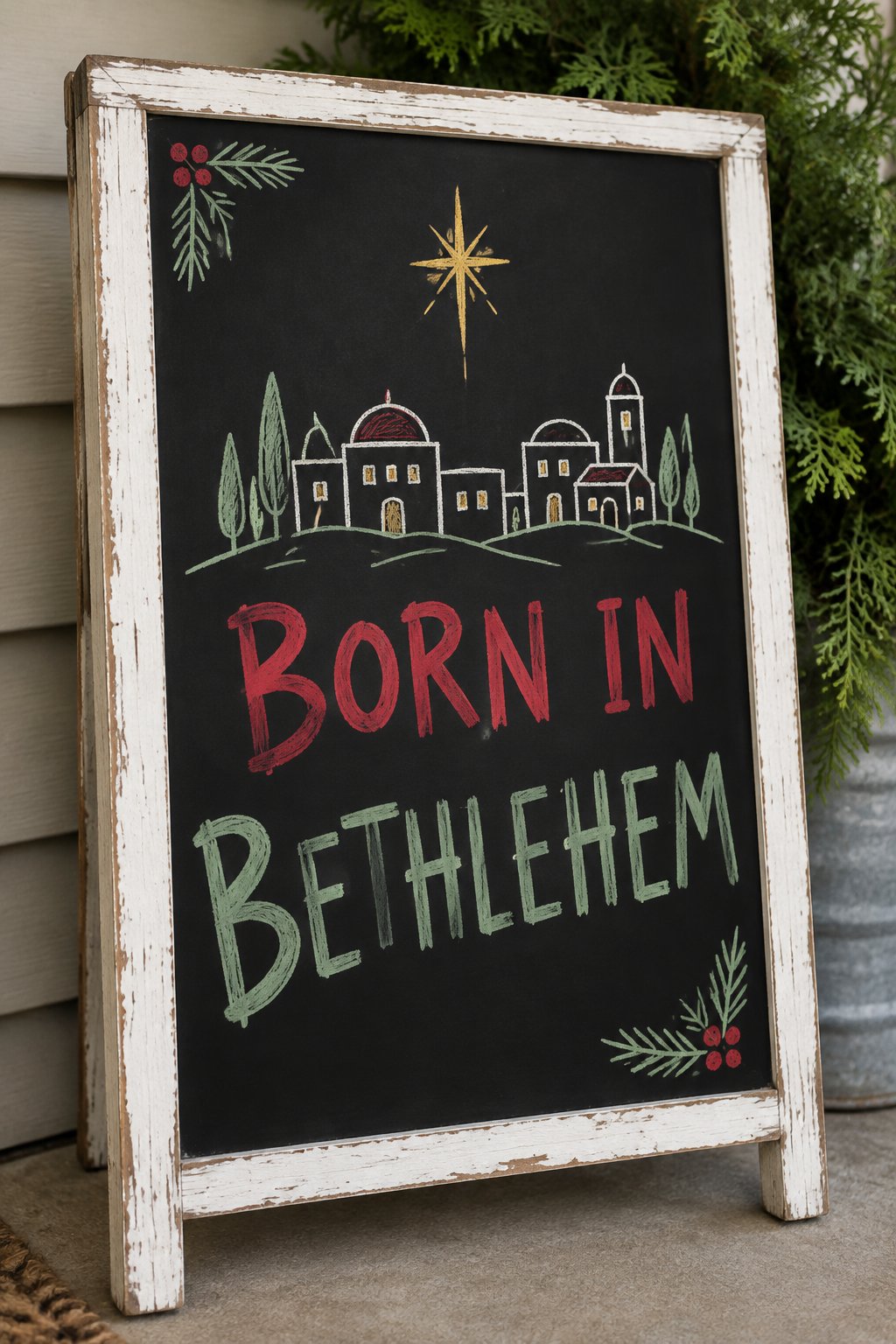 Born in Bethlehem: a hand-drawn christmas chalkboard sign reading "BORN IN BETHLEHEM".