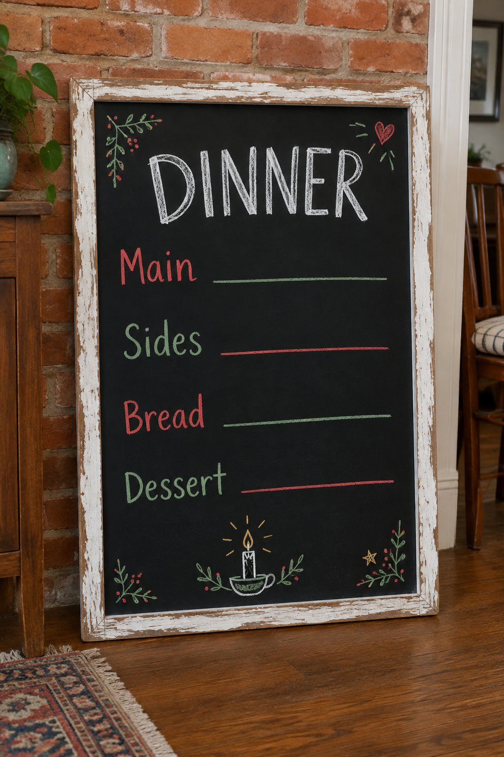 Christmas Dinner Menu: a hand-drawn christmas chalkboard sign reading "DINNER".