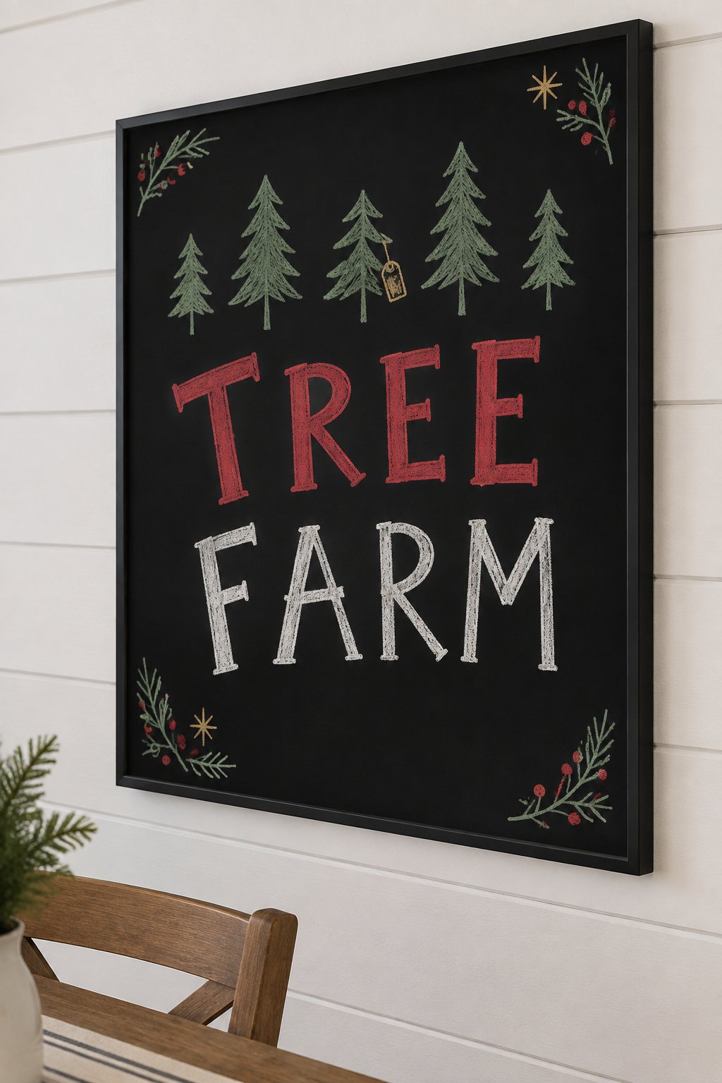 Tree Farm Sign: a hand-drawn christmas chalkboard sign reading "TREE FARM".