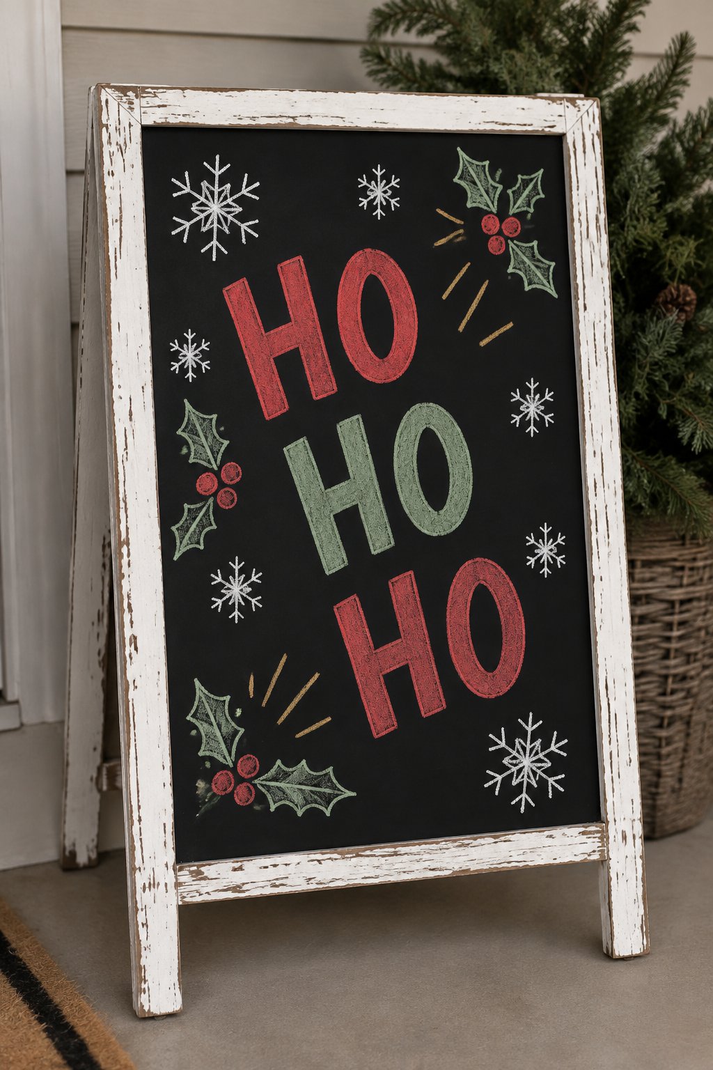 Ho Ho Ho: a hand-drawn christmas chalkboard sign drawn without words, snowflakes and holly around the words, drawn with clean chalk outlines and soft color fill.