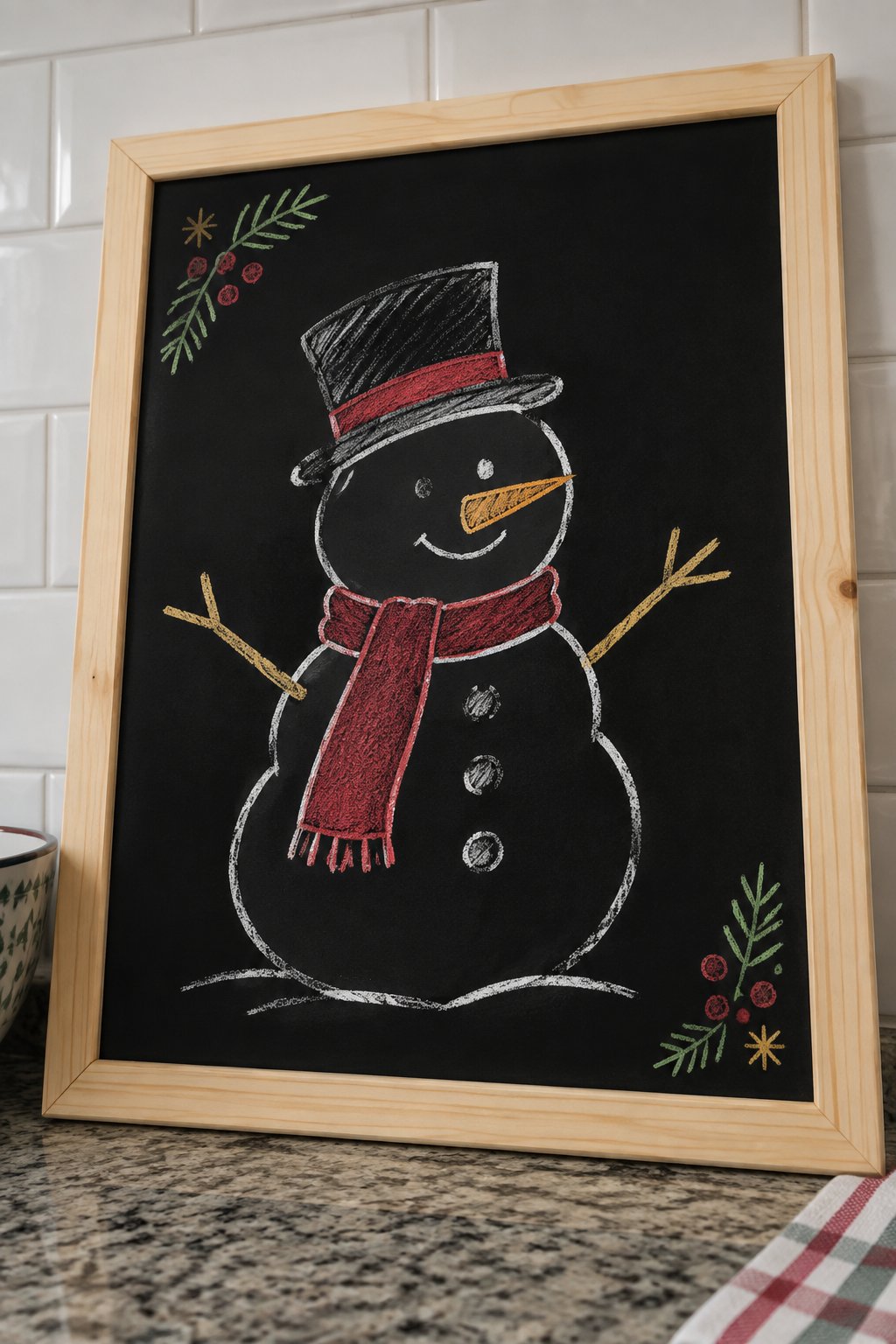Snowman Chalkboard: a hand-drawn christmas chalkboard sign drawn without words, a snowman with a black top hat, a red scarf and a carrot nose, drawn with clean chalk outlines and soft color fill.