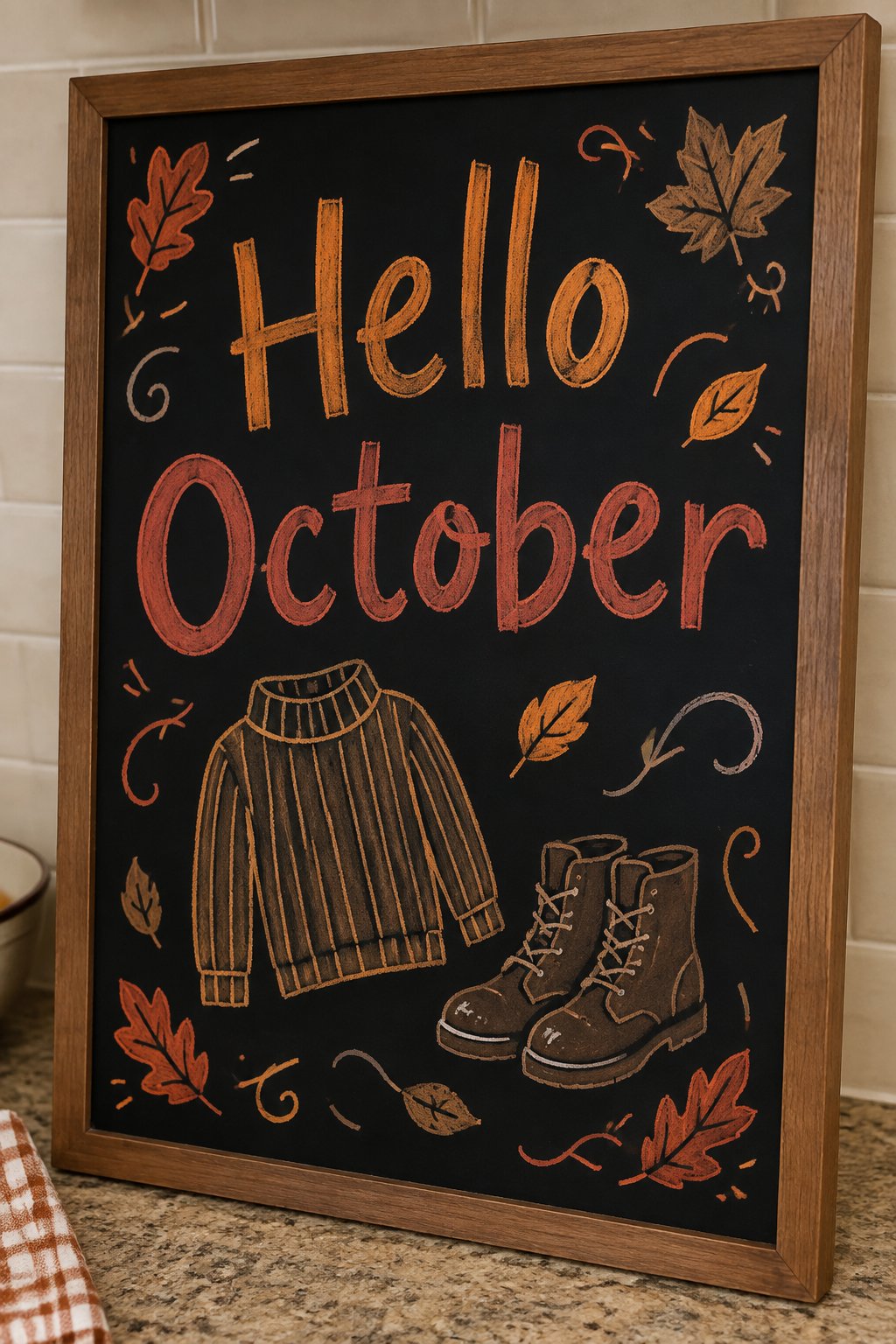 Knit & Kickin’: Here’s a chalkboard layout that feels like an October morning—layered textures bring the ribbed sweater and scuffed boots to life, framed by swirling autumn leaves.