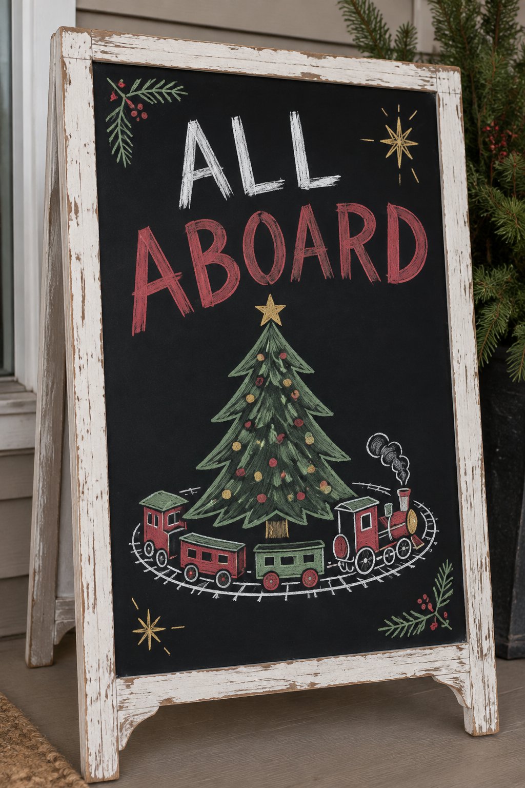 All Aboard: a hand-drawn christmas chalkboard sign reading "ALL ABOARD".