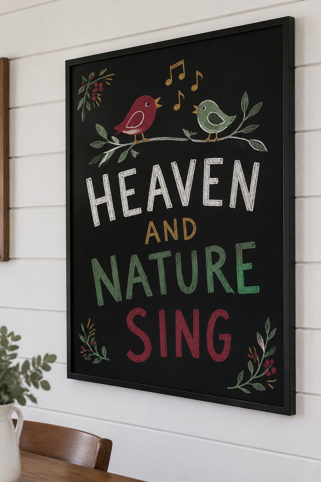 Heaven and Nature Sing: a hand-drawn christmas chalkboard sign reading "HEAVEN AND NATURE SING".
