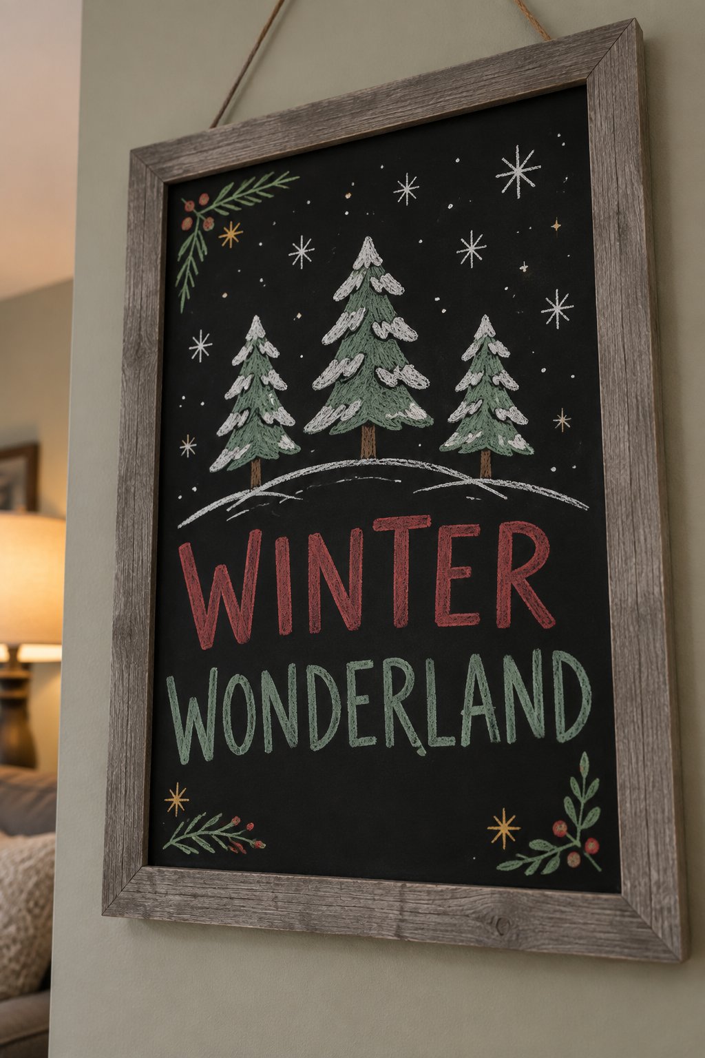Winter Wonderland: a hand-drawn christmas chalkboard sign drawn without words, three snowy pine trees on a snowy hill with falling snowflakes.