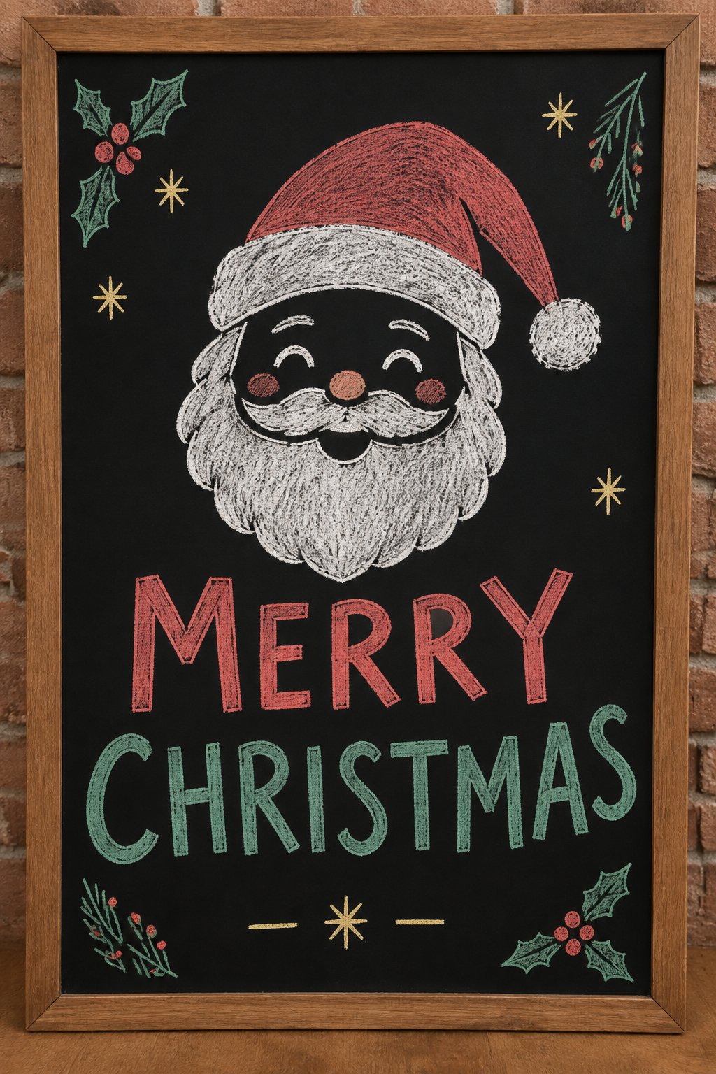 Santa Chalkboard: a hand-drawn christmas chalkboard sign drawn without words, a smiling Santa face with a red hat and a white beard, drawn with clean chalk outlines and soft color fill.