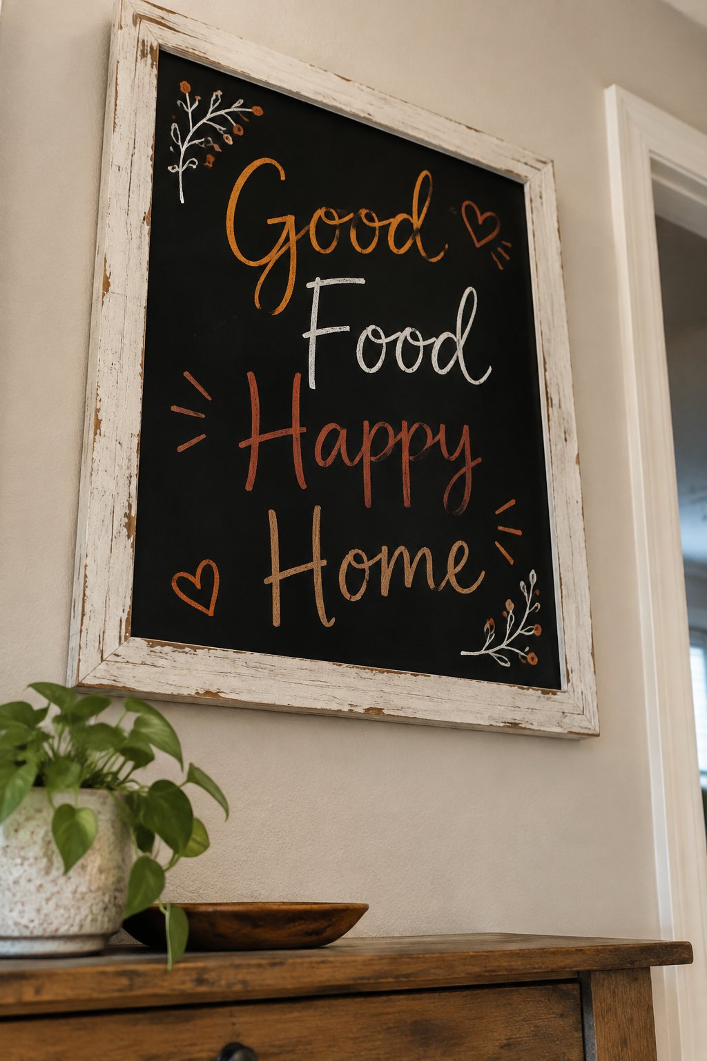 A Classic Fall Welcome: Framed in a natural wood border, this chalkboard features flowing chalk script with just enough texture to feel handmade.
