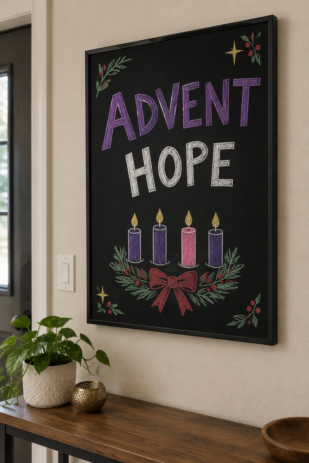 Advent Hope Wreath: a hand-drawn christmas chalkboard sign reading "ADVENT HOPE".