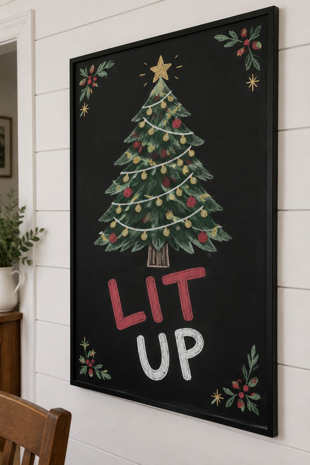 Lit Up Tree: a hand-drawn christmas chalkboard sign reading "LIT UP".