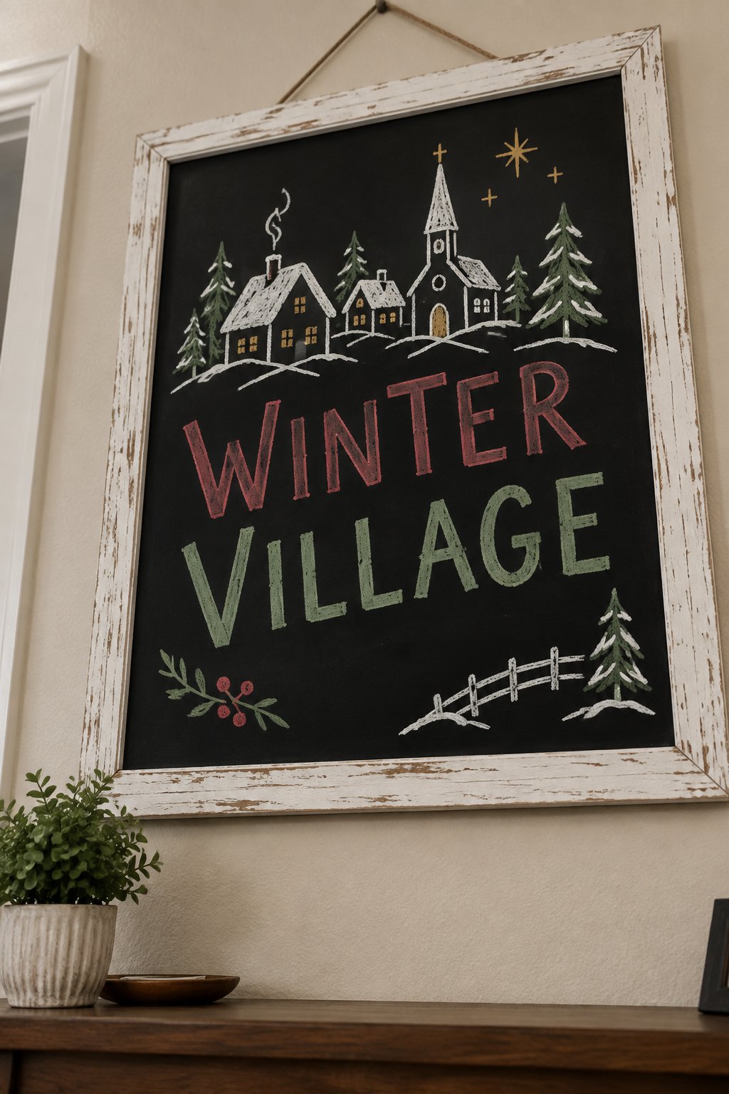 Winter Village: a hand-drawn christmas chalkboard sign drawn without words, snow-covered cottages and a church steeple among pine trees.