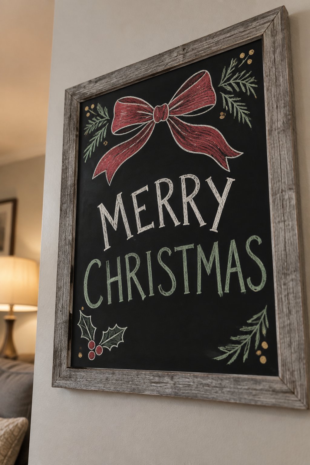 Christmas Bow Charm: a hand-drawn christmas chalkboard sign drawn without words, a big ribbon bow, drawn with clean chalk outlines and soft color fill.