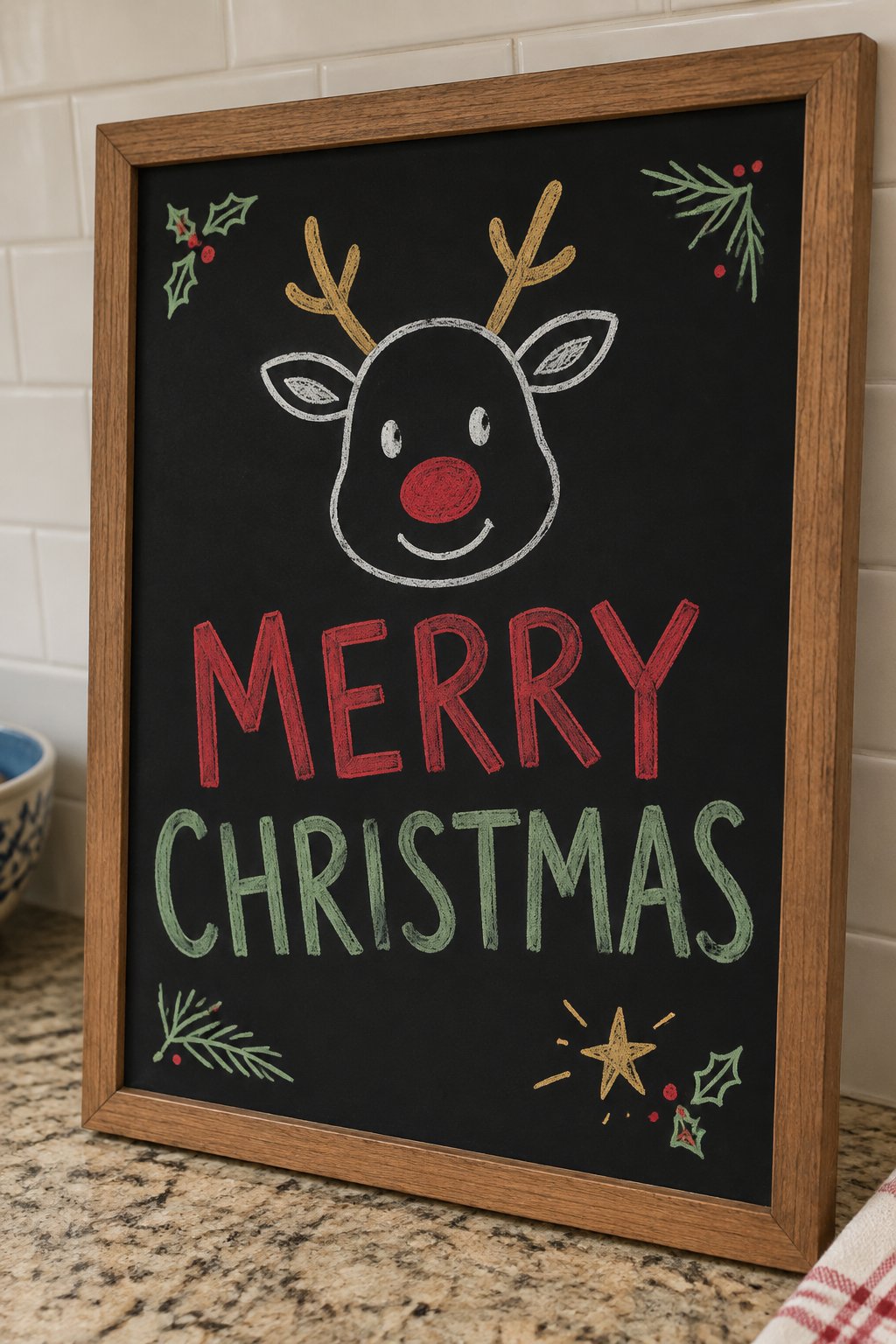 Rudolph Reindeer: a hand-drawn christmas chalkboard sign drawn without words, a simple reindeer head outline with a red nose, drawn with clean chalk outlines and soft color fill.