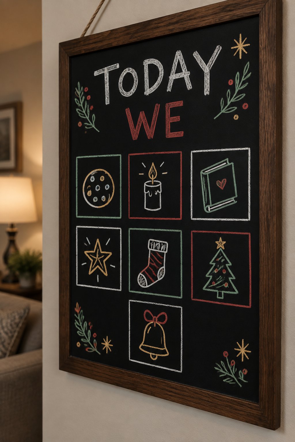 Daily Christmas Fun: a hand-drawn christmas chalkboard sign reading "TODAY WE".