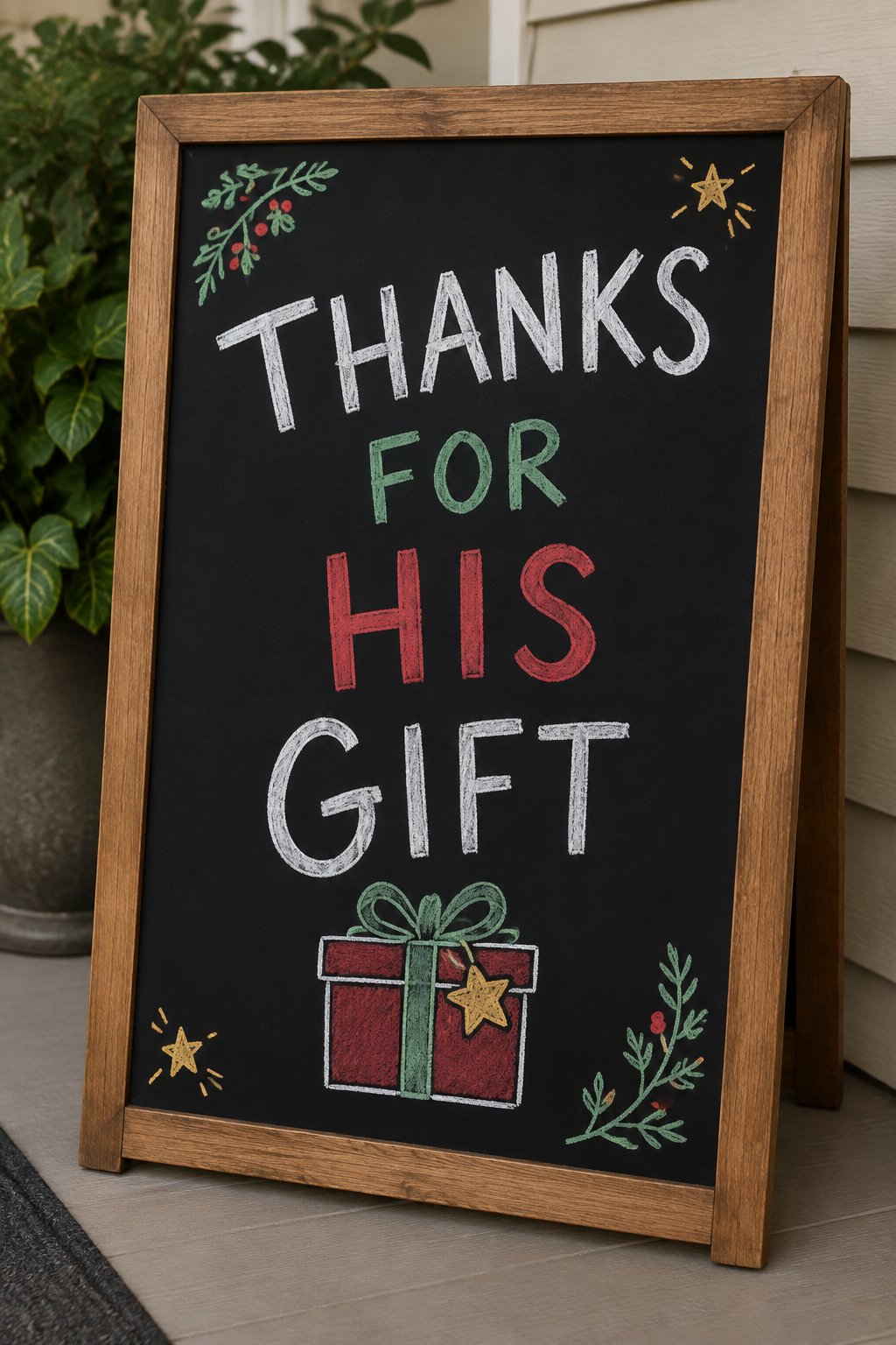 Thanks for His Gift: a hand-drawn christmas chalkboard sign reading "THANKS FOR HIS GIFT".
