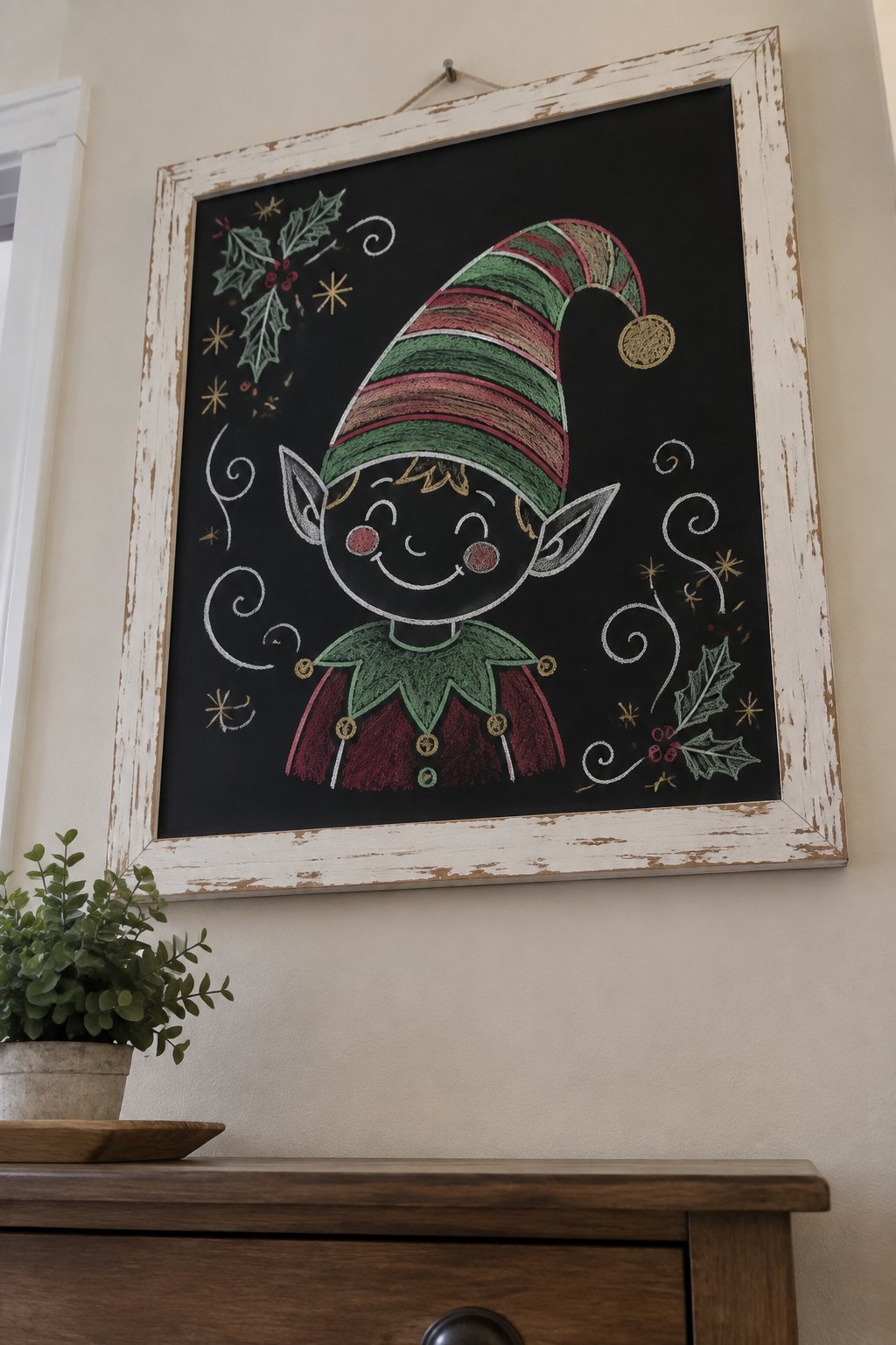 Festive Elf: a hand-drawn christmas chalkboard sign drawn without words, a cheerful elf in a striped hat surrounded by swirls, drawn with clean chalk outlines and soft color fill.