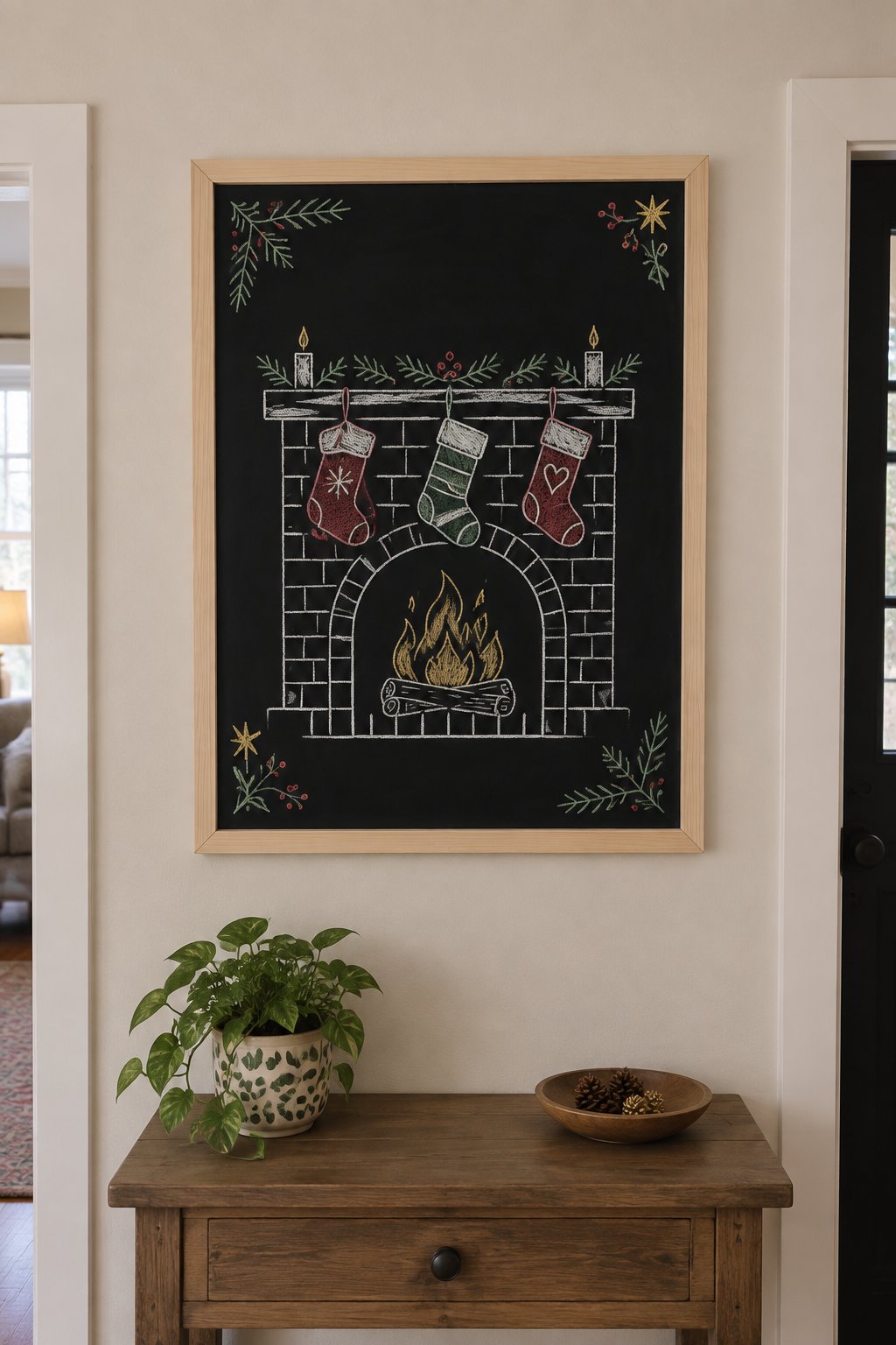 Cozy Fireplace: a hand-drawn christmas chalkboard sign drawn without words, a brick fireplace with three stockings hung on the mantel and a glowing fire.