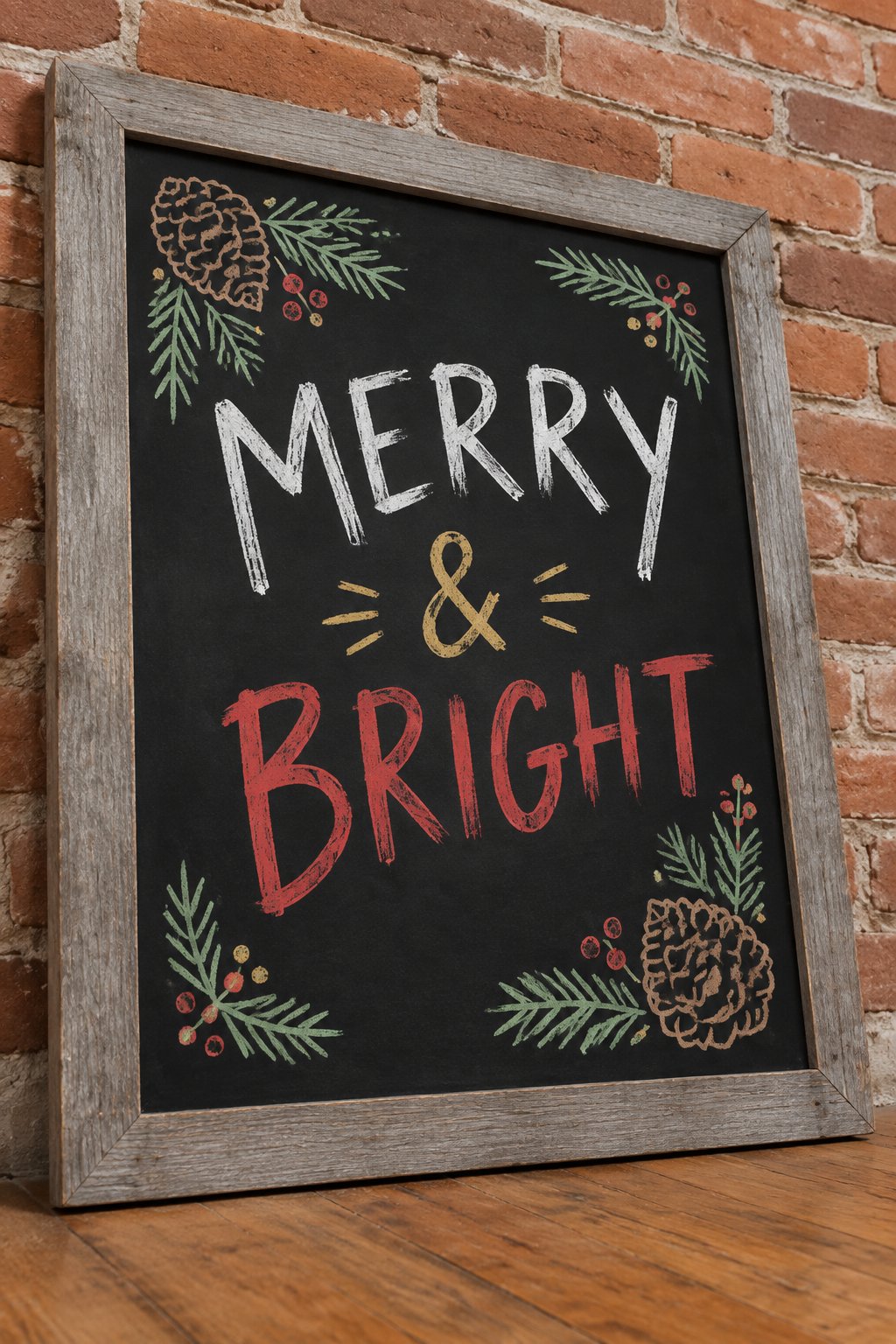 Merry & Bright Magic: a hand-drawn christmas chalkboard sign drawn without words, pinecones and greenery around the words, drawn with clean chalk outlines and soft color fill.