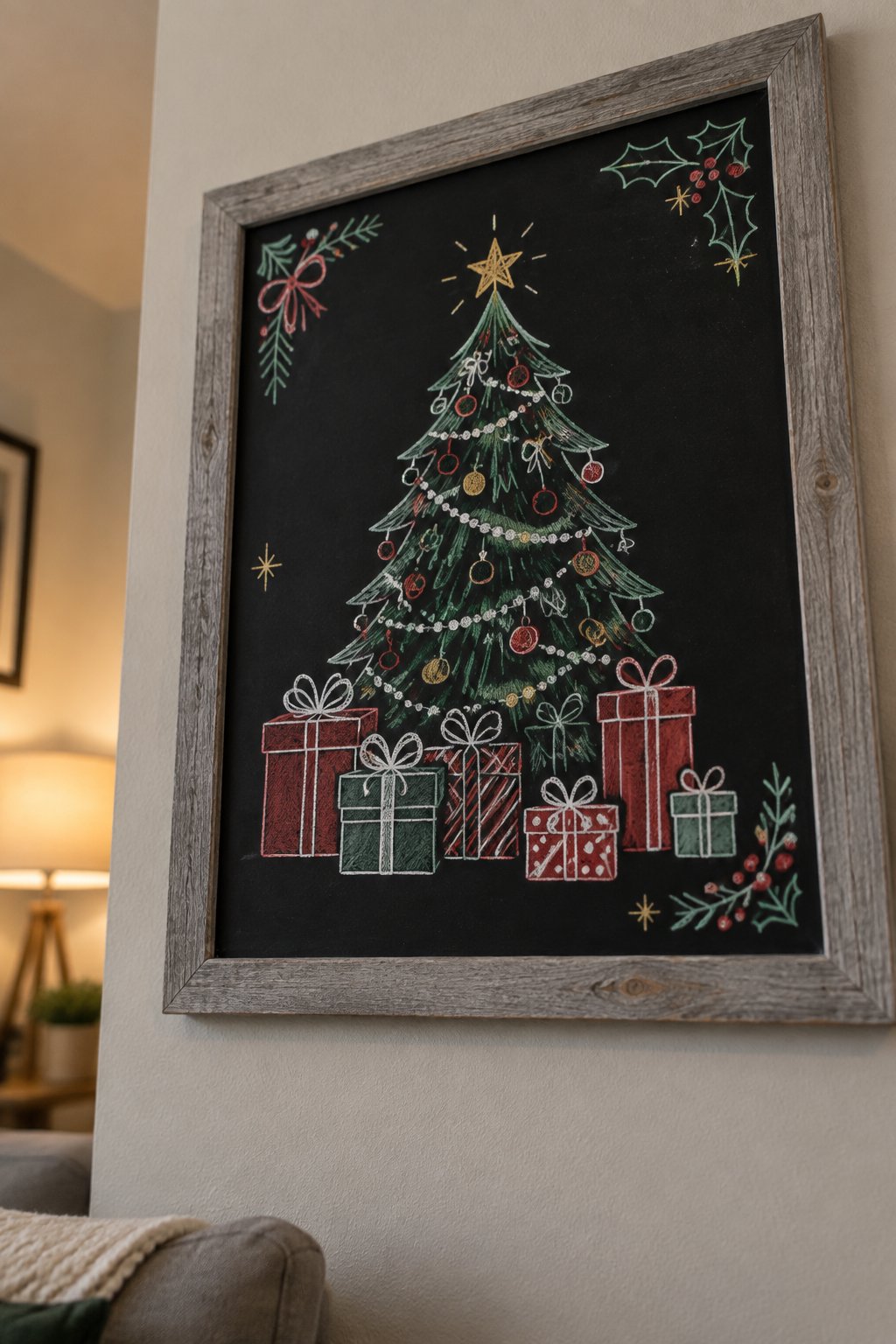Gifted Tree: a hand-drawn christmas chalkboard sign drawn without words, a decorated Christmas tree with presents piled around it, drawn with clean chalk outlines and soft color fill.
