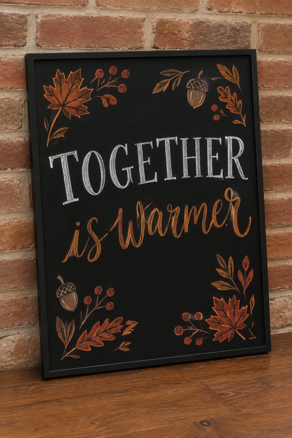 Together is Warmer: This design is all about balance—crisp serif lines meet flowing hand-drawn script, centered on a dark chalk background and bordered by real autumn elements.