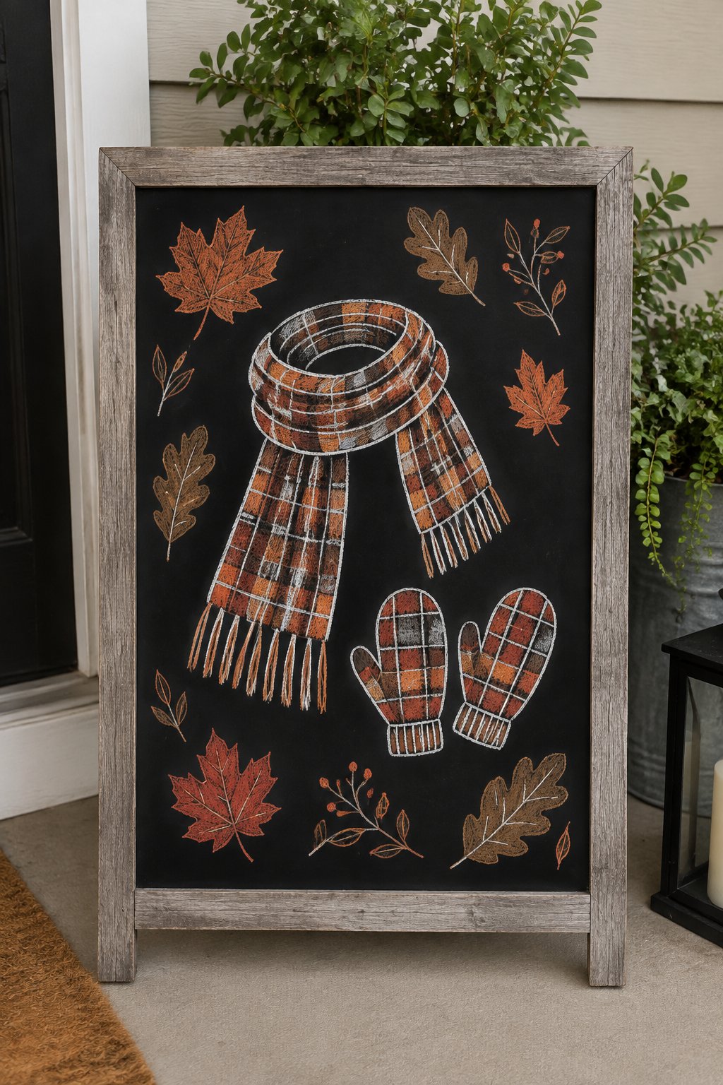 Flannel & Frosted Leaves: A detailed scarf and mitten set with a hand-drawn plaid pattern, surrounded by chalk-sketched oak and maple leaves.