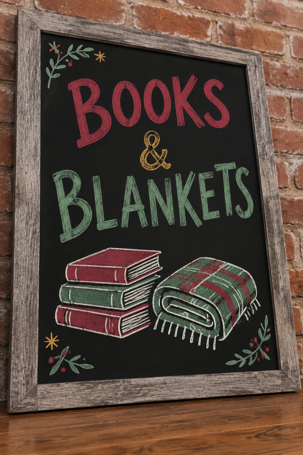 Books and Blankets: a hand-drawn christmas chalkboard sign reading "BOOKS & BLANKETS".