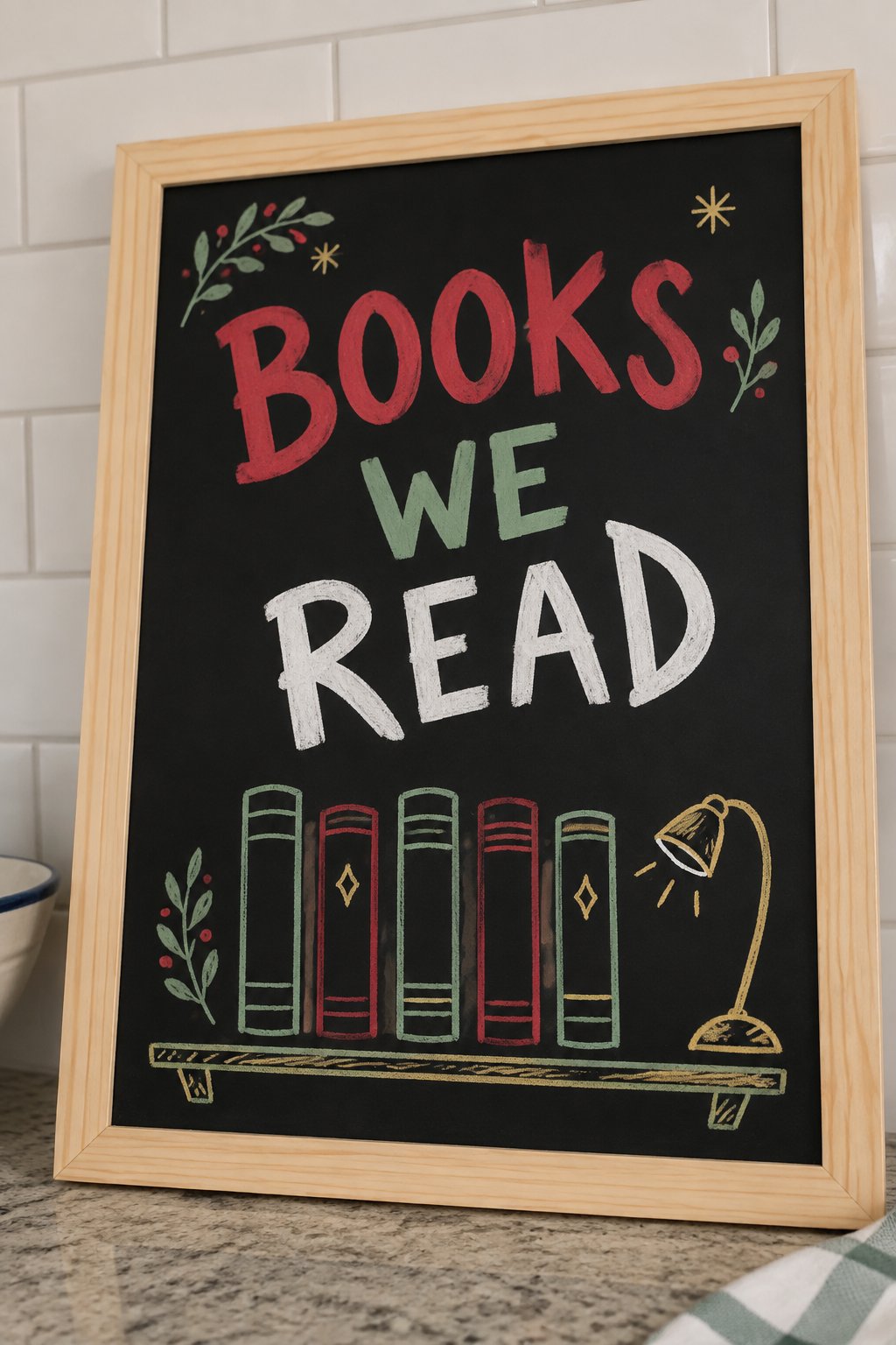 Christmas Book Log: a hand-drawn christmas chalkboard sign reading "BOOKS WE READ".