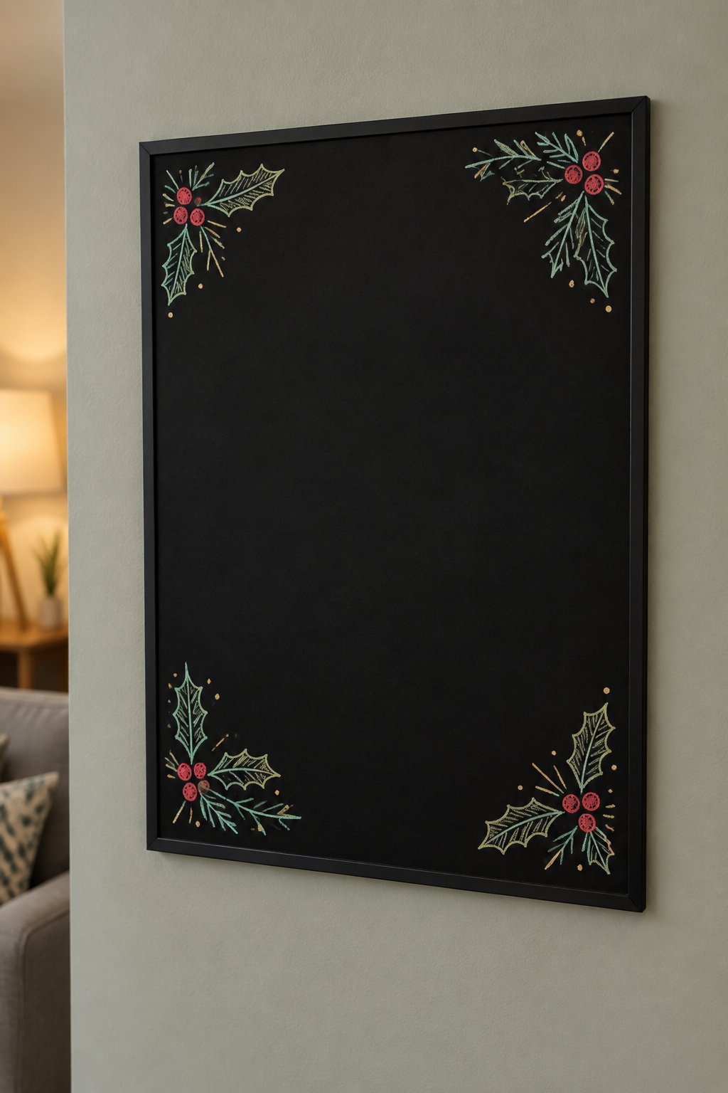 Holly Corner Frame: a hand-drawn christmas chalkboard sign drawn without words, holly sprigs with red berries in each corner, framing an empty board.