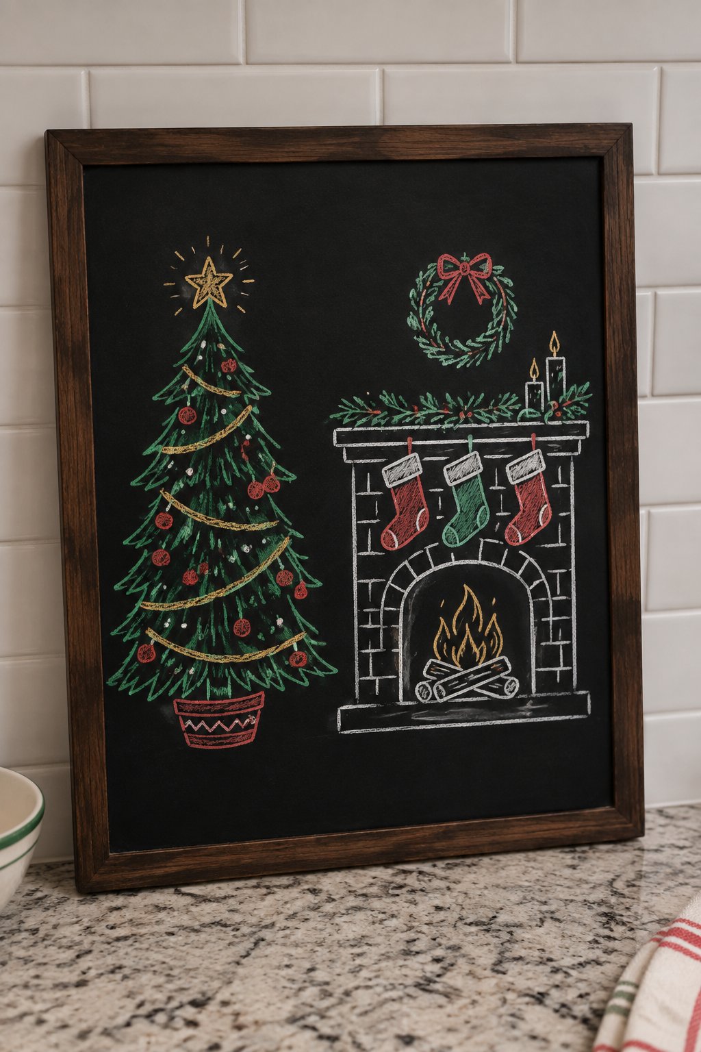 Fireside Glow: a hand-drawn christmas chalkboard sign drawn without words, a decorated tree beside a fireplace with stockings, drawn with clean chalk outlines and soft color fill.